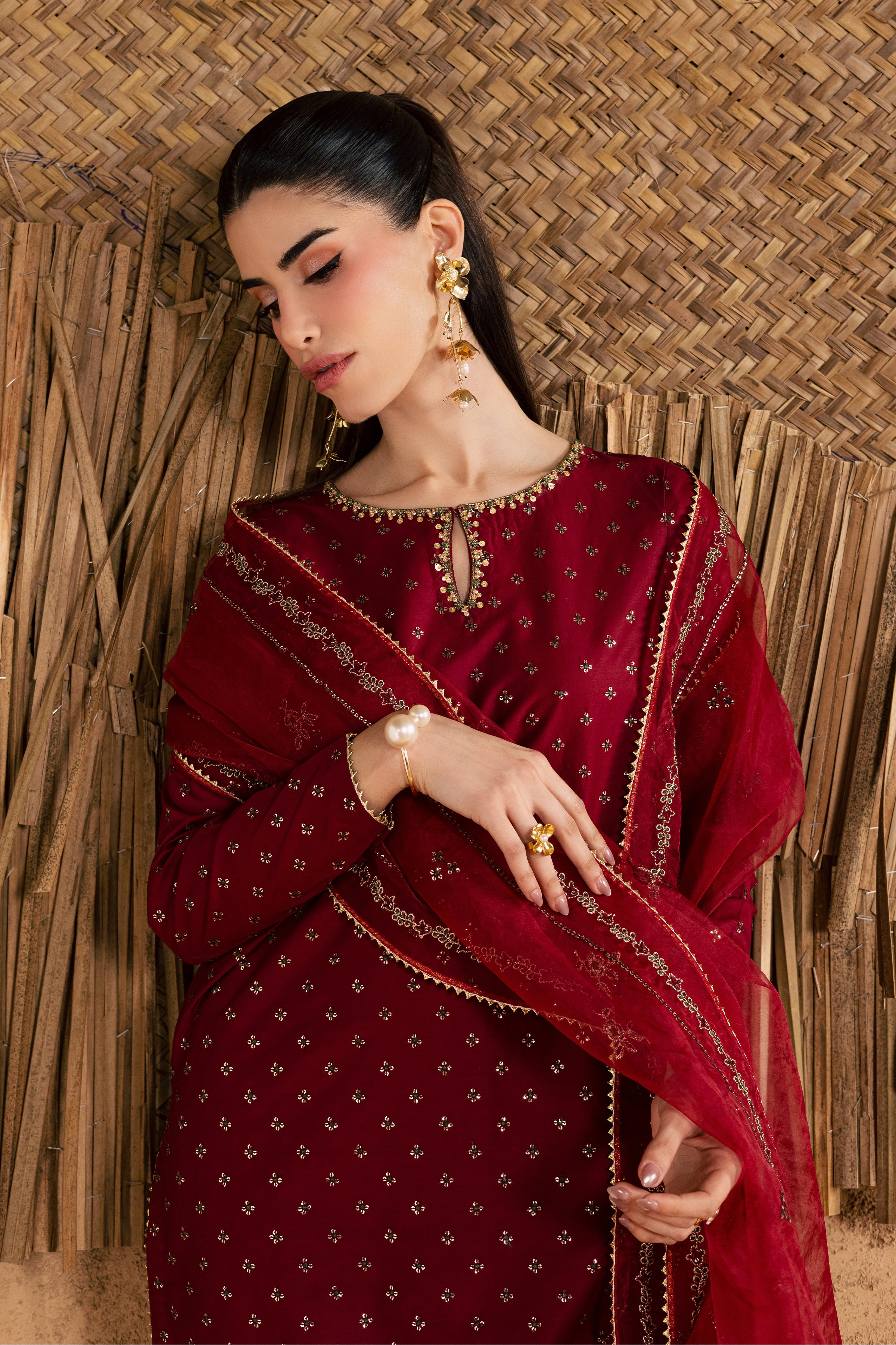 Red Monaco 3Pc - Festive Eid Pret BATIKEID2026 BATIK XS / Burgundy / Giza-S / Burgundy / Giza-M / Burgundy / Giza-L / Burgundy / Giza-XL / Burgundy / Giza