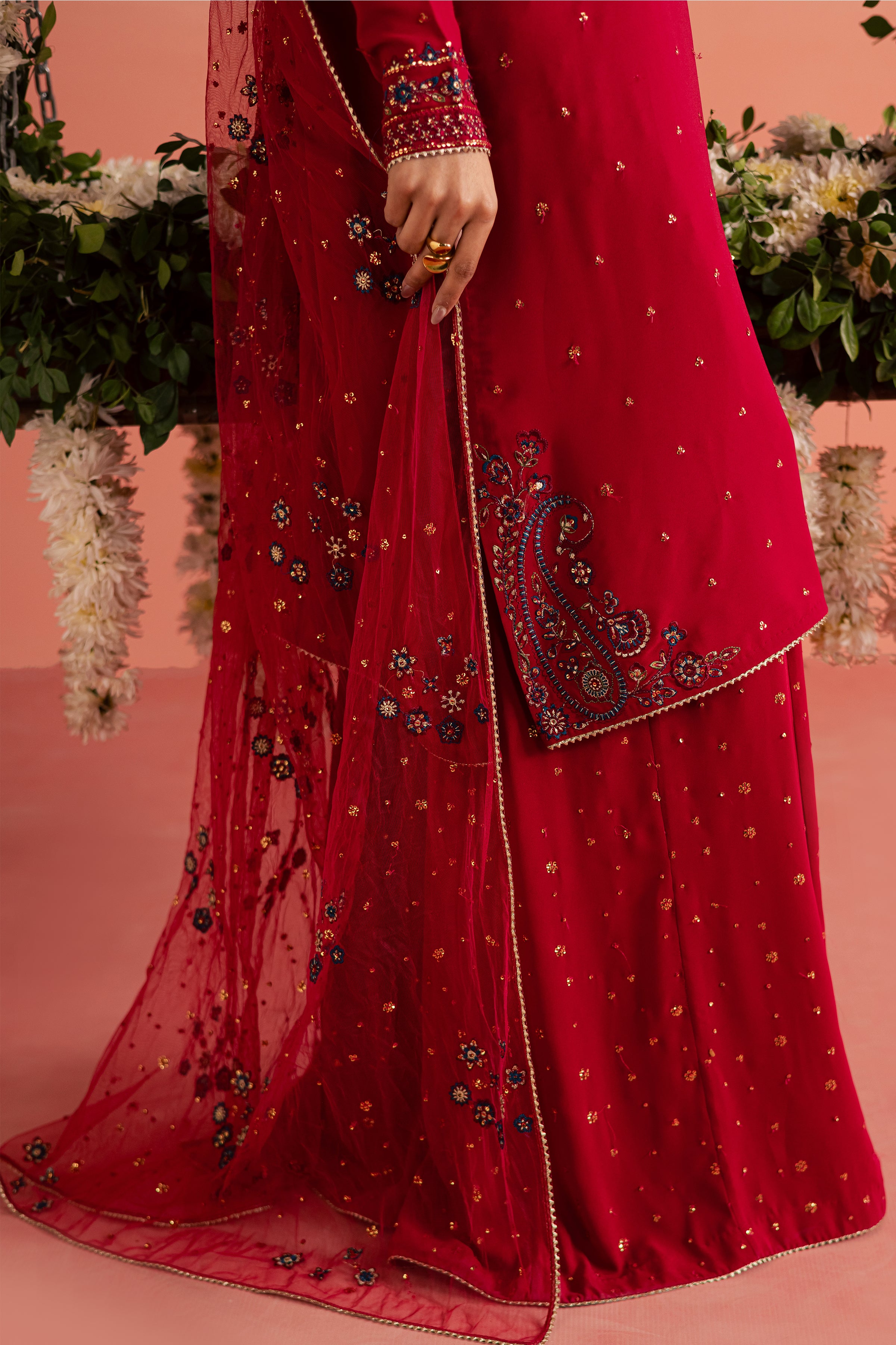 Red Sona 3Pc - Festive Luxe Pret BATIKEID2026 BATIK S / Red / Georgette-M / Red / Georgette-L / Red / Georgette