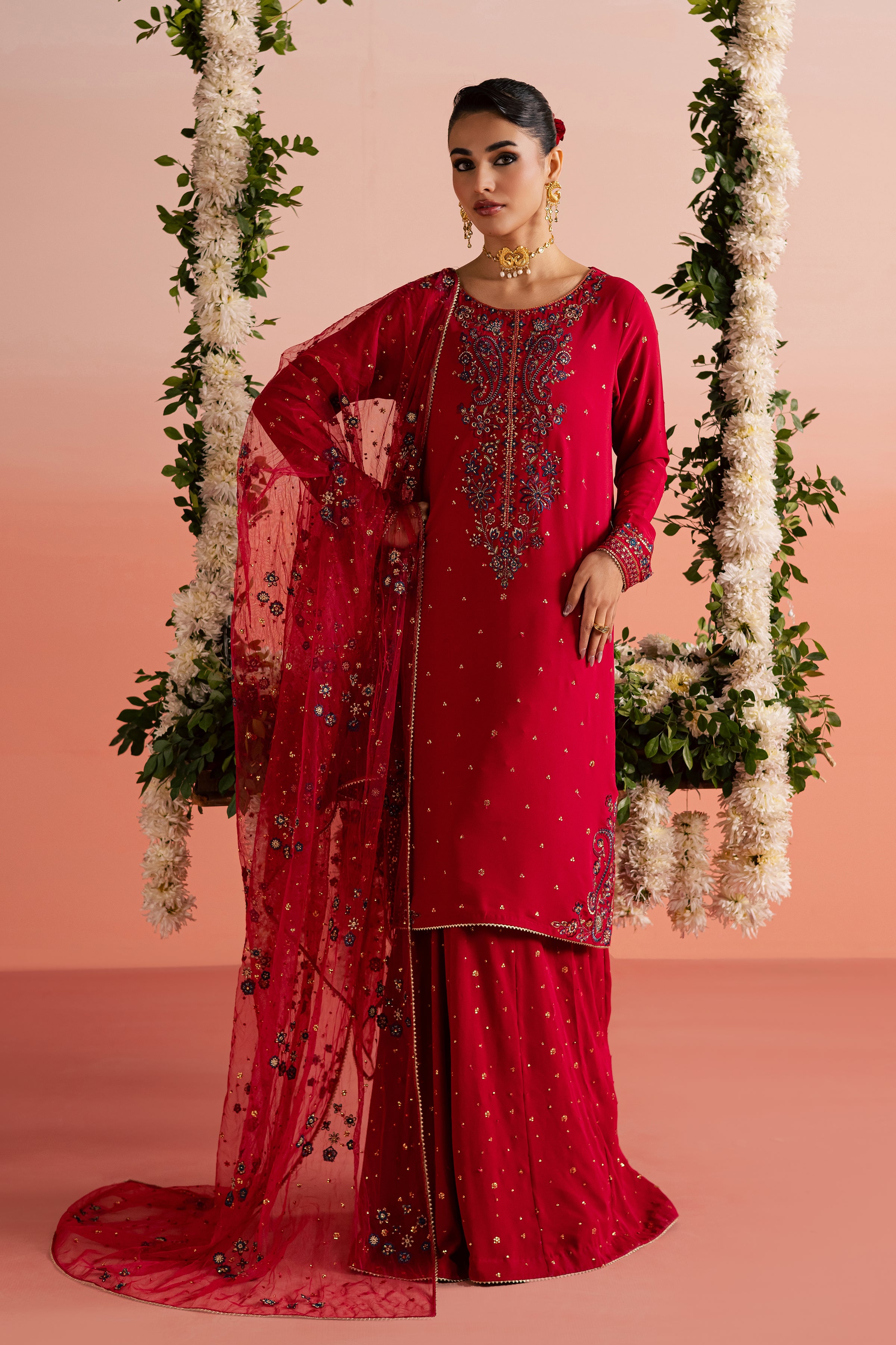 Red Sona 3Pc - Festive Luxe Pret BATIKEID2026 BATIK S / Red / Georgette-M / Red / Georgette-L / Red / Georgette