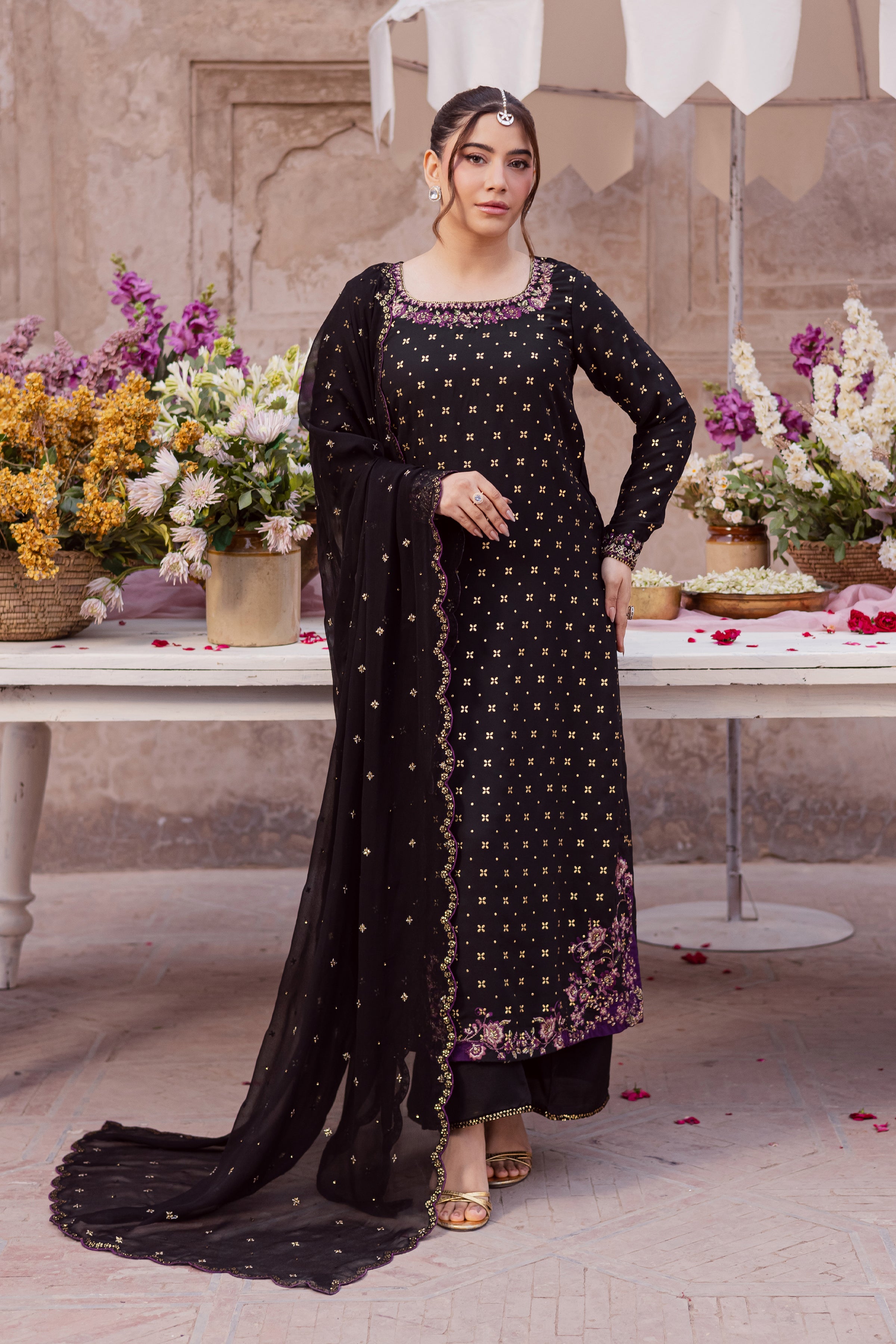 Rivka 3Pc - Festive Luxe Pret BATIKSTUDIO2025 BATIK S / Black / Foiled Georgette-M / Black / Foiled Georgette-L / Black / Foiled Georgette