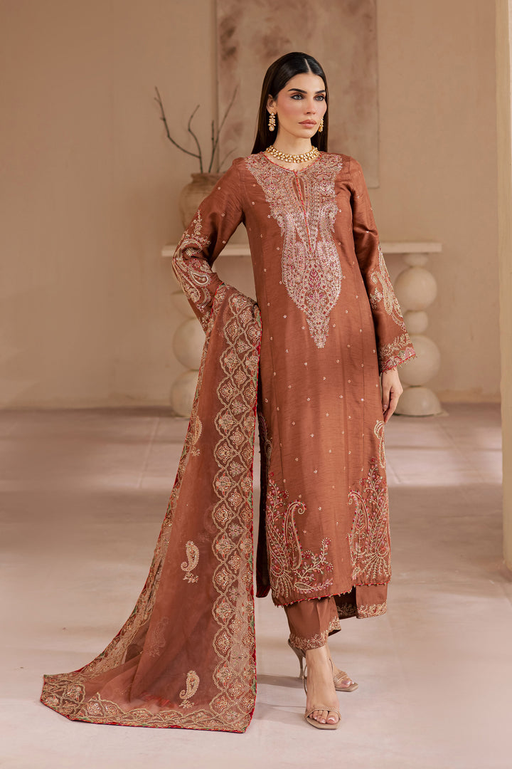 Rohine 3Pc - Embroidered Luxe Pret BATIKLuxePRET2025  BATIK   XS / Coffee Brown / Organza & Raw Silk-S / Coffee Brown / Organza & Raw Silk-M / Coffee Brown / Organza & Raw Silk-L / Coffee Brown / Organza & Raw Silk-XL / Coffee Brown / Organza & Raw Silk