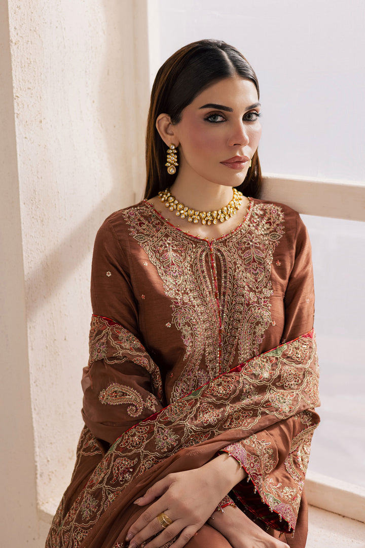 Rohine 3Pc - Embroidered Luxe Pret BATIKLuxePRET2025  BATIK   XS / Coffee Brown / Organza & Raw Silk-S / Coffee Brown / Organza & Raw Silk-M / Coffee Brown / Organza & Raw Silk-L / Coffee Brown / Organza & Raw Silk-XL / Coffee Brown / Organza & Raw Silk