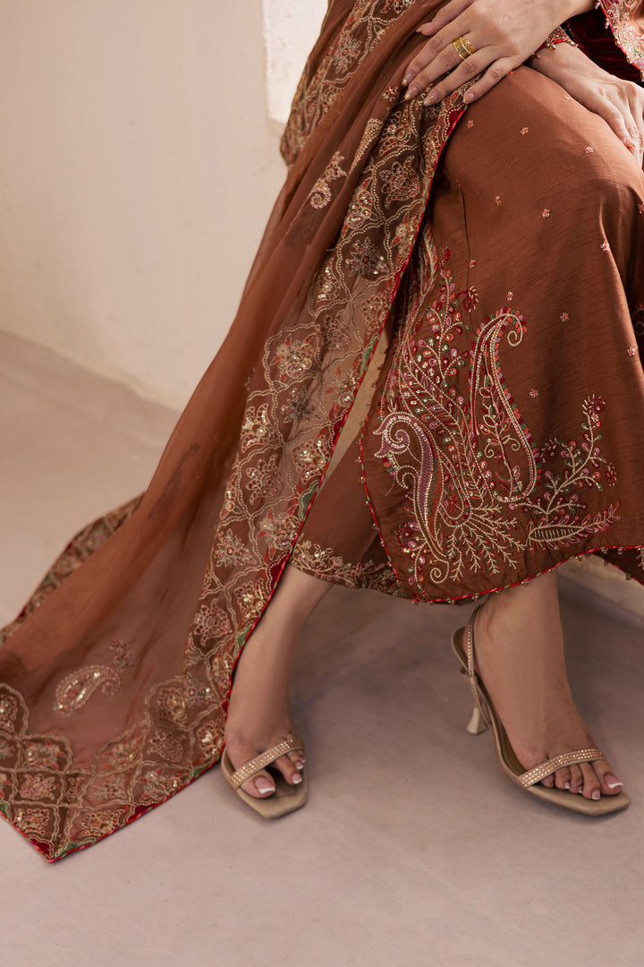 Rohine 3Pc - Embroidered Luxe Pret BATIKLuxePRET2025  BATIK   XS / Coffee Brown / Organza & Raw Silk-S / Coffee Brown / Organza & Raw Silk-M / Coffee Brown / Organza & Raw Silk-L / Coffee Brown / Organza & Raw Silk-XL / Coffee Brown / Organza & Raw Silk