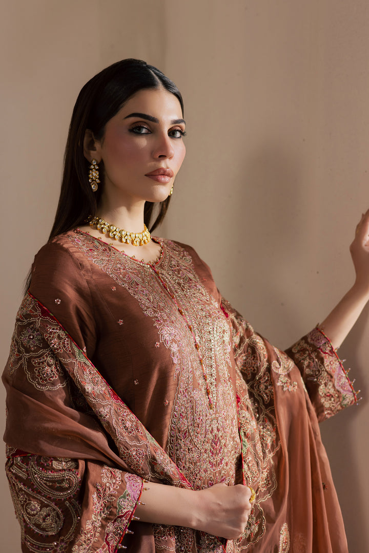 Rohine 3Pc - Embroidered Luxe Pret BATIKLuxePRET2025  BATIK   XS / Coffee Brown / Organza & Raw Silk-S / Coffee Brown / Organza & Raw Silk-M / Coffee Brown / Organza & Raw Silk-L / Coffee Brown / Organza & Raw Silk-XL / Coffee Brown / Organza & Raw Silk
