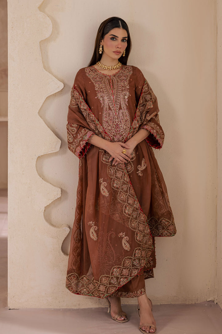 Rohine 3Pc - Embroidered Luxe Pret BATIKLuxePRET2025  BATIK   XS / Coffee Brown / Organza & Raw Silk-S / Coffee Brown / Organza & Raw Silk-M / Coffee Brown / Organza & Raw Silk-L / Coffee Brown / Organza & Raw Silk-XL / Coffee Brown / Organza & Raw Silk