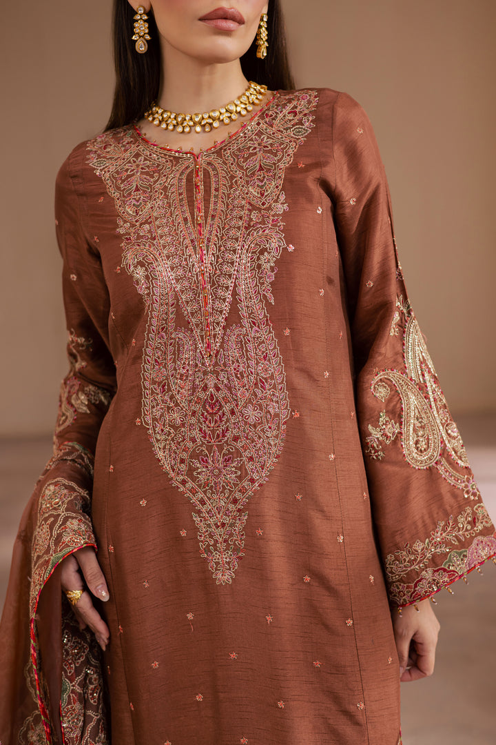 Rohine 3Pc - Embroidered Luxe Pret BATIKLuxePRET2025  BATIK   XS / Coffee Brown / Organza & Raw Silk-S / Coffee Brown / Organza & Raw Silk-M / Coffee Brown / Organza & Raw Silk-L / Coffee Brown / Organza & Raw Silk-XL / Coffee Brown / Organza & Raw Silk