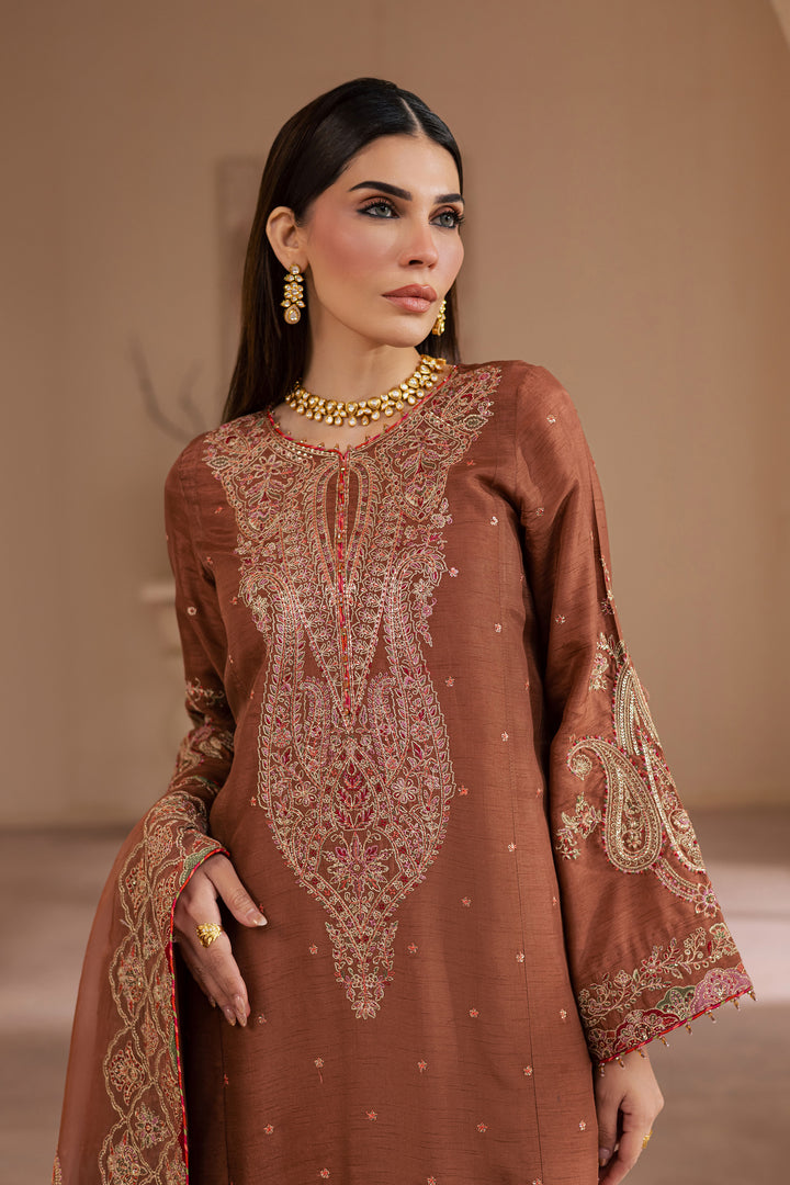 Rohine 3Pc - Embroidered Luxe Pret BATIKLuxePRET2025  BATIK   XS / Coffee Brown / Organza & Raw Silk-S / Coffee Brown / Organza & Raw Silk-M / Coffee Brown / Organza & Raw Silk-L / Coffee Brown / Organza & Raw Silk-XL / Coffee Brown / Organza & Raw Silk