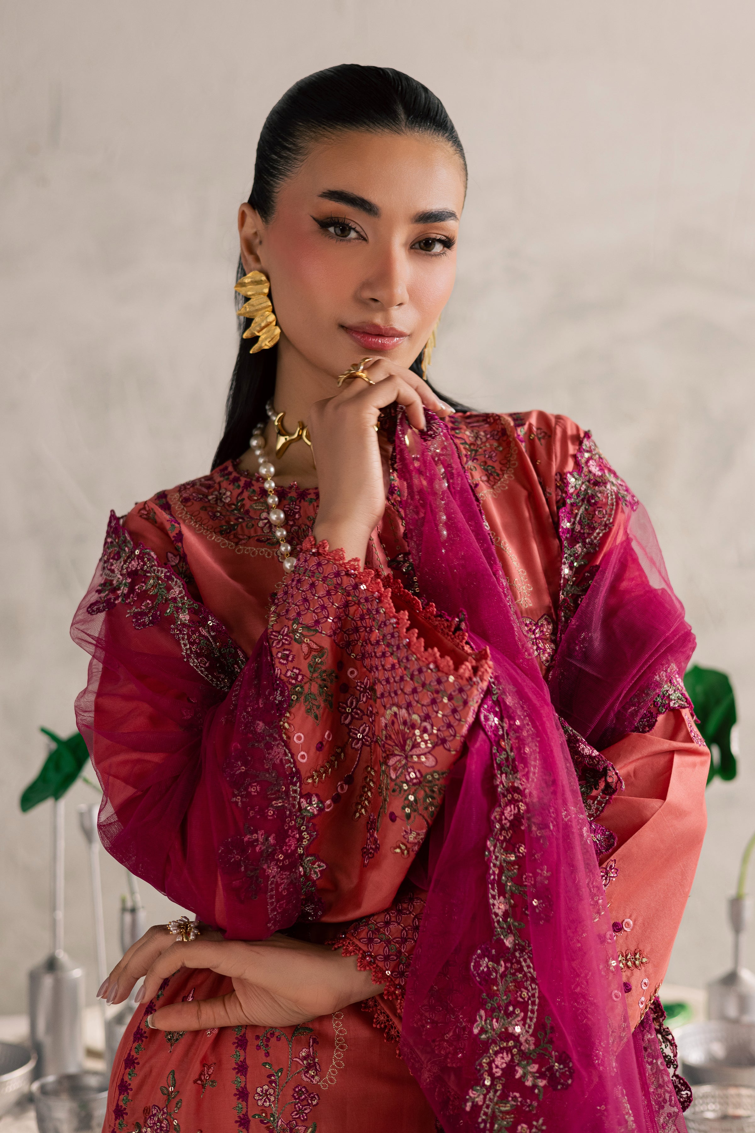 Rust Nazneen 3Pc - Festive Embroidered Lawn BATIKEID2026 BATIK XS / Mineral Red / Pima Lawn-S / Mineral Red / Pima Lawn-M / Mineral Red / Pima Lawn-L / Mineral Red / Pima Lawn-XL / Mineral Red / Pima Lawn