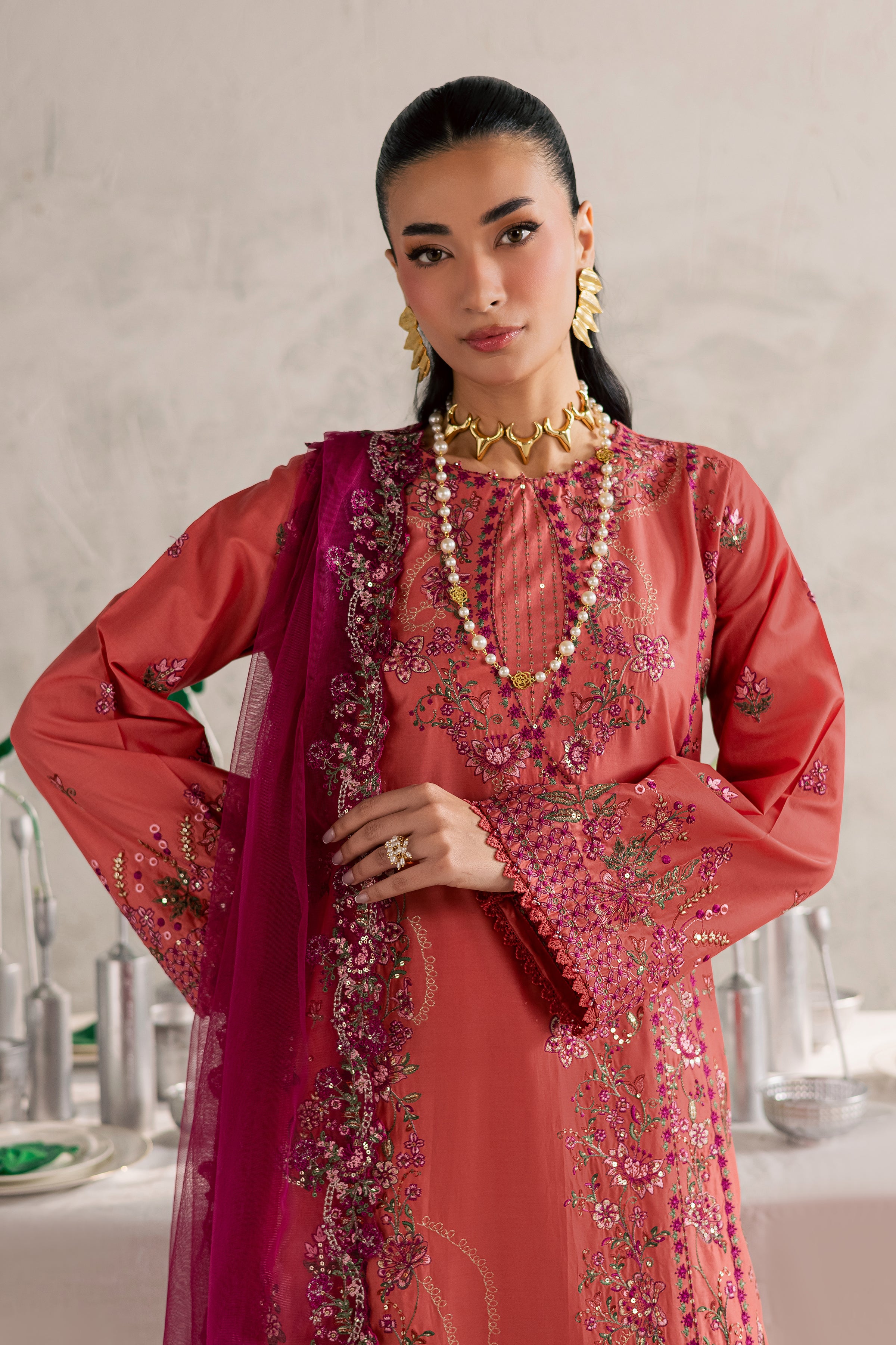 Rust Nazneen 3Pc - Festive Embroidered Lawn BATIKEID2026 BATIK XS / Mineral Red / Pima Lawn-S / Mineral Red / Pima Lawn-M / Mineral Red / Pima Lawn-L / Mineral Red / Pima Lawn-XL / Mineral Red / Pima Lawn