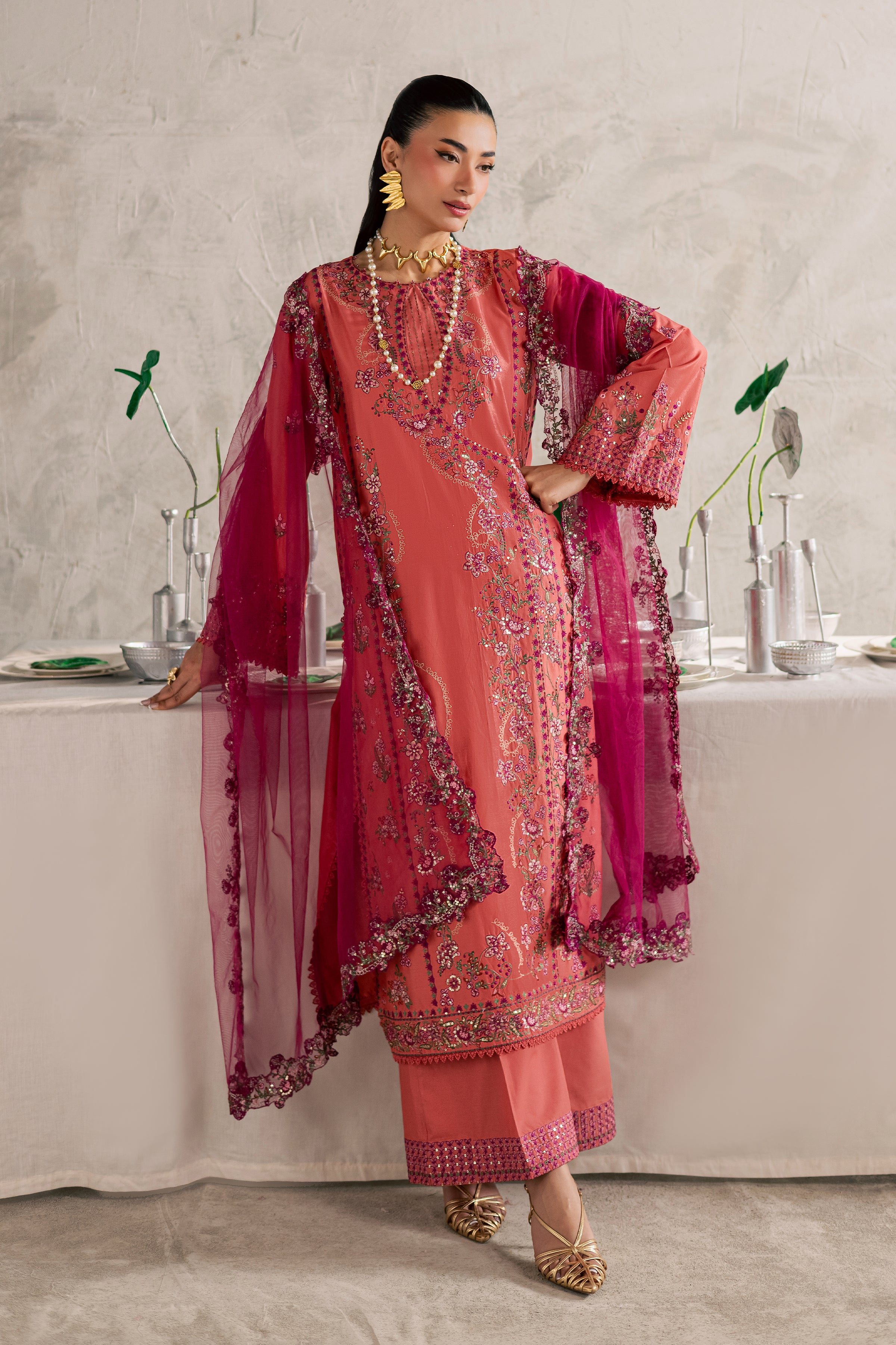 Rust Nazneen 3Pc - Festive Embroidered Lawn BATIKEID2026 BATIK XS / Mineral Red / Pima Lawn-S / Mineral Red / Pima Lawn-M / Mineral Red / Pima Lawn-L / Mineral Red / Pima Lawn-XL / Mineral Red / Pima Lawn