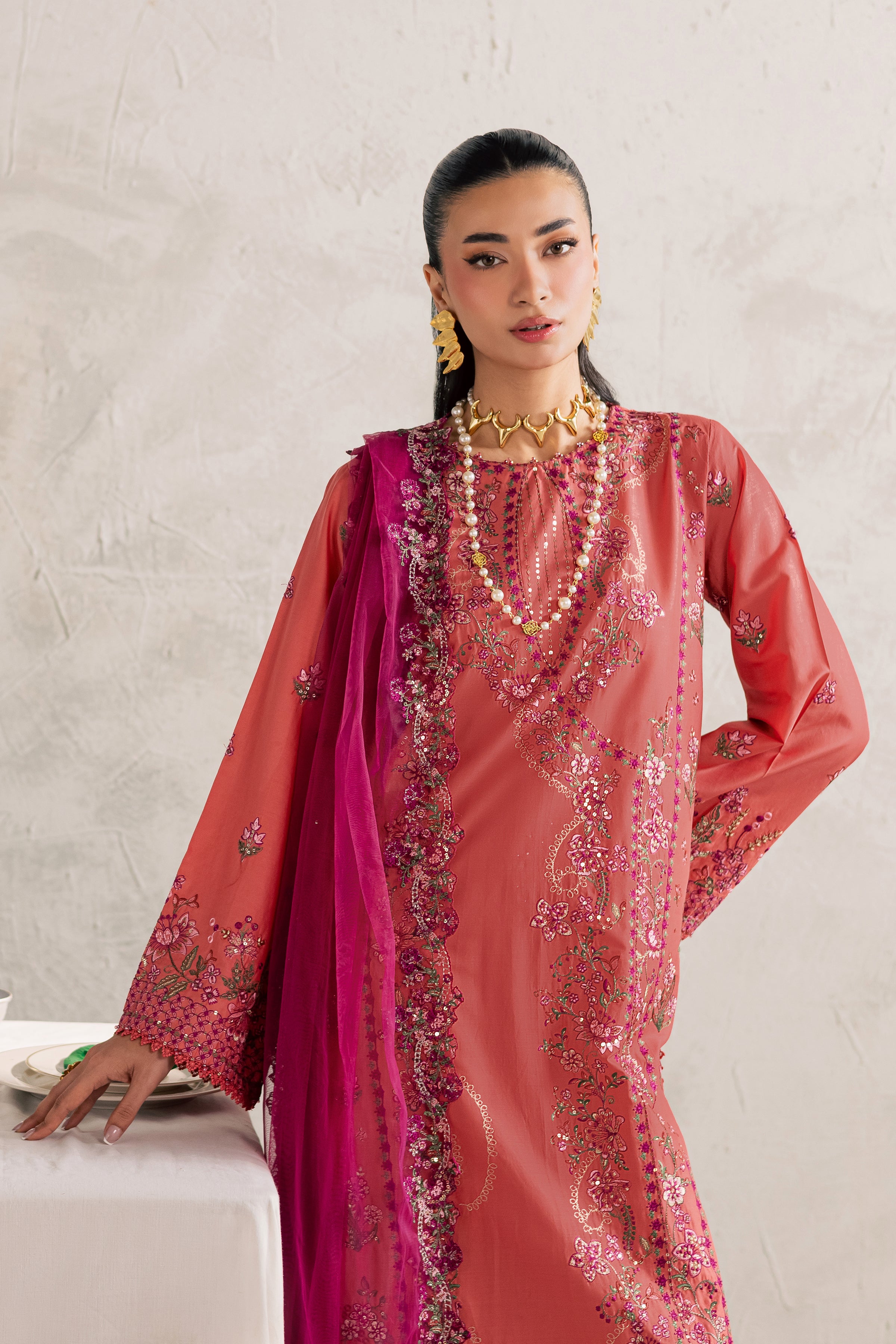 Rust Nazneen 3Pc - Festive Embroidered Lawn BATIKEID2026 BATIK XS / Mineral Red / Pima Lawn-S / Mineral Red / Pima Lawn-M / Mineral Red / Pima Lawn-L / Mineral Red / Pima Lawn-XL / Mineral Red / Pima Lawn