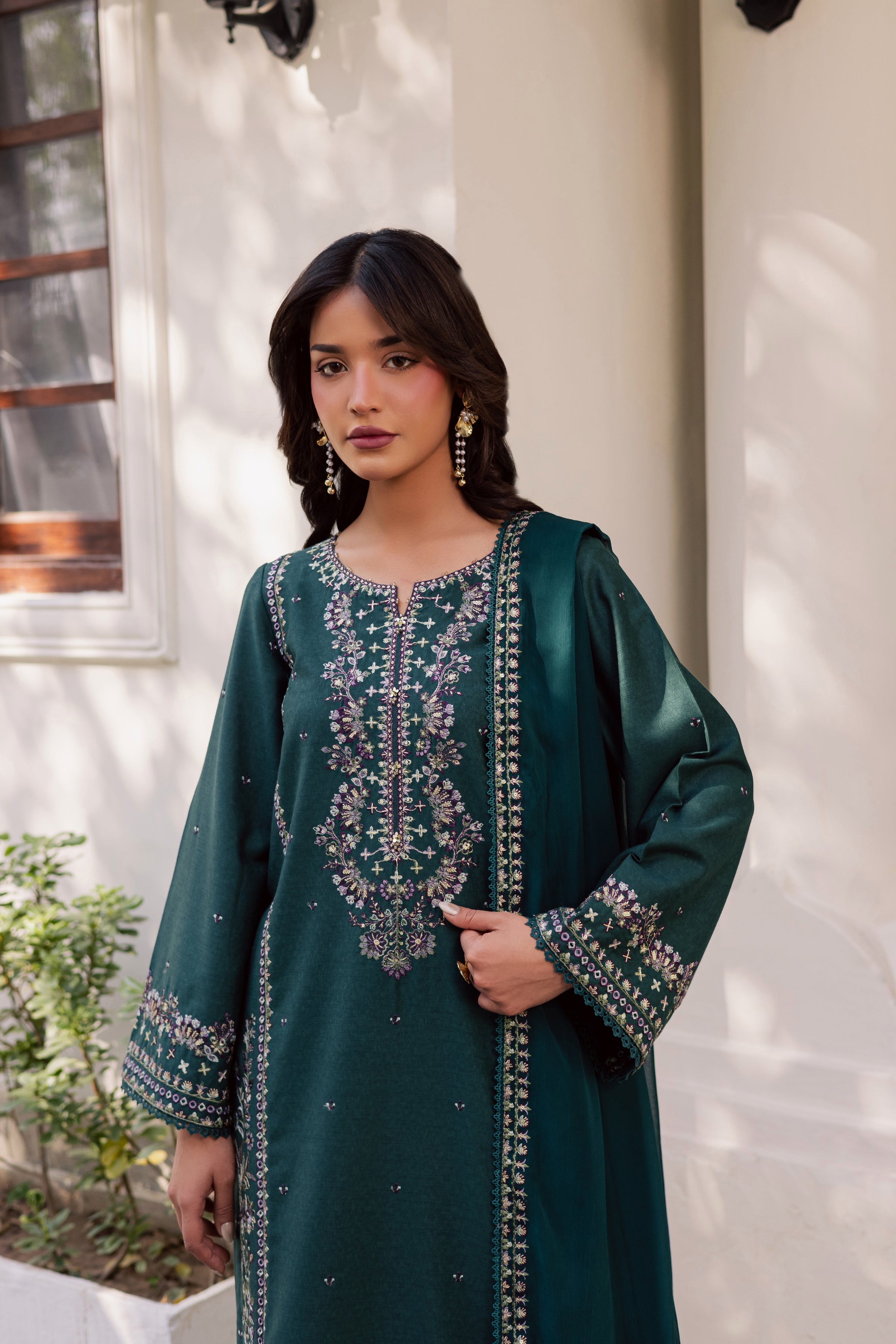 Safira 3Pc - Embroidered Karandi Dress BATIK WINTER PRET 2025 BATIK XS / Bottle Green / Karandi-S / Bottle Green / Karandi-M / Bottle Green / Karandi-L / Bottle Green / Karandi-XL / Bottle Green / Karandi