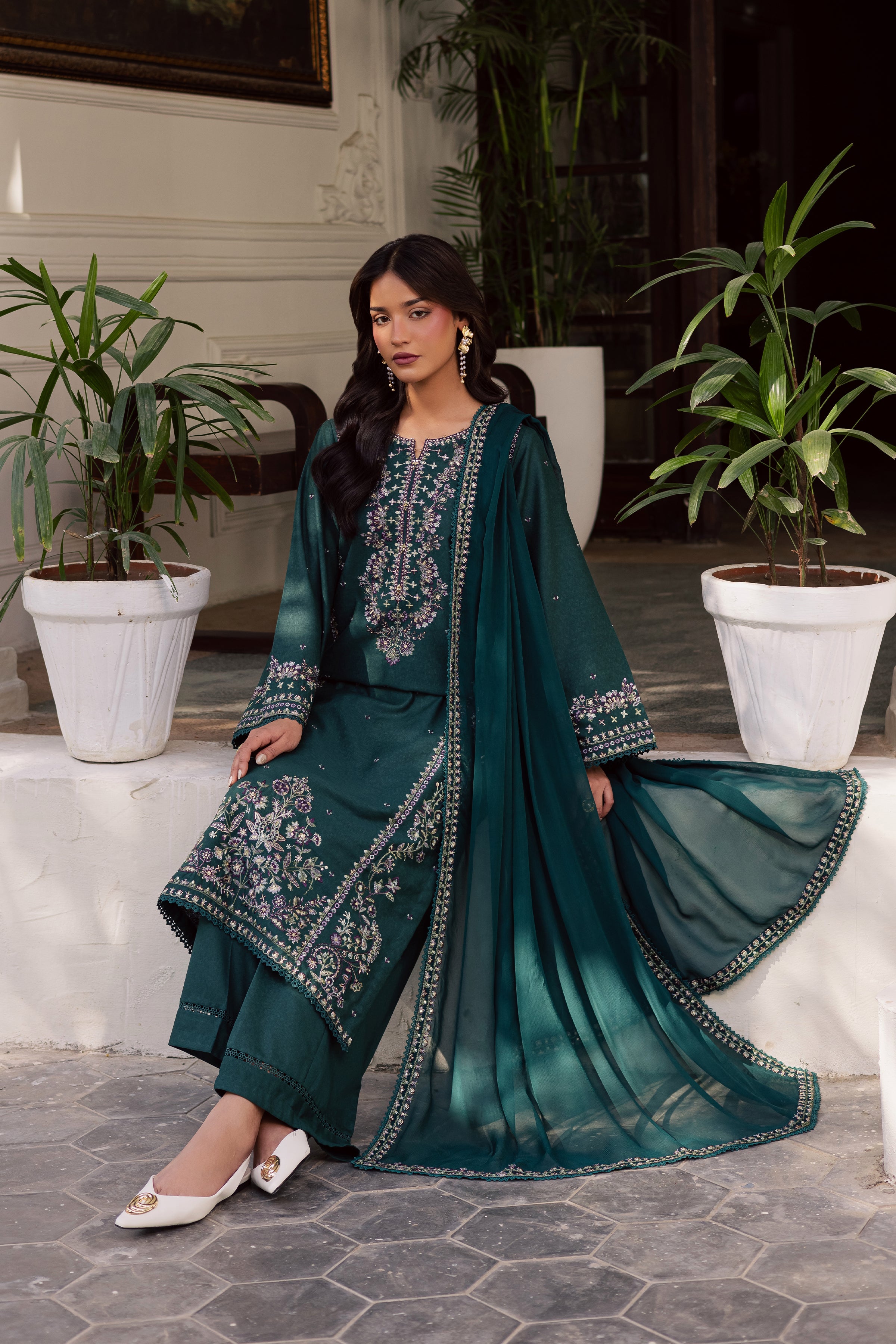Safira 3Pc - Embroidered Karandi Dress BATIK WINTER PRET 2025 BATIK XS / Bottle Green / Karandi-S / Bottle Green / Karandi-M / Bottle Green / Karandi-L / Bottle Green / Karandi-XL / Bottle Green / Karandi