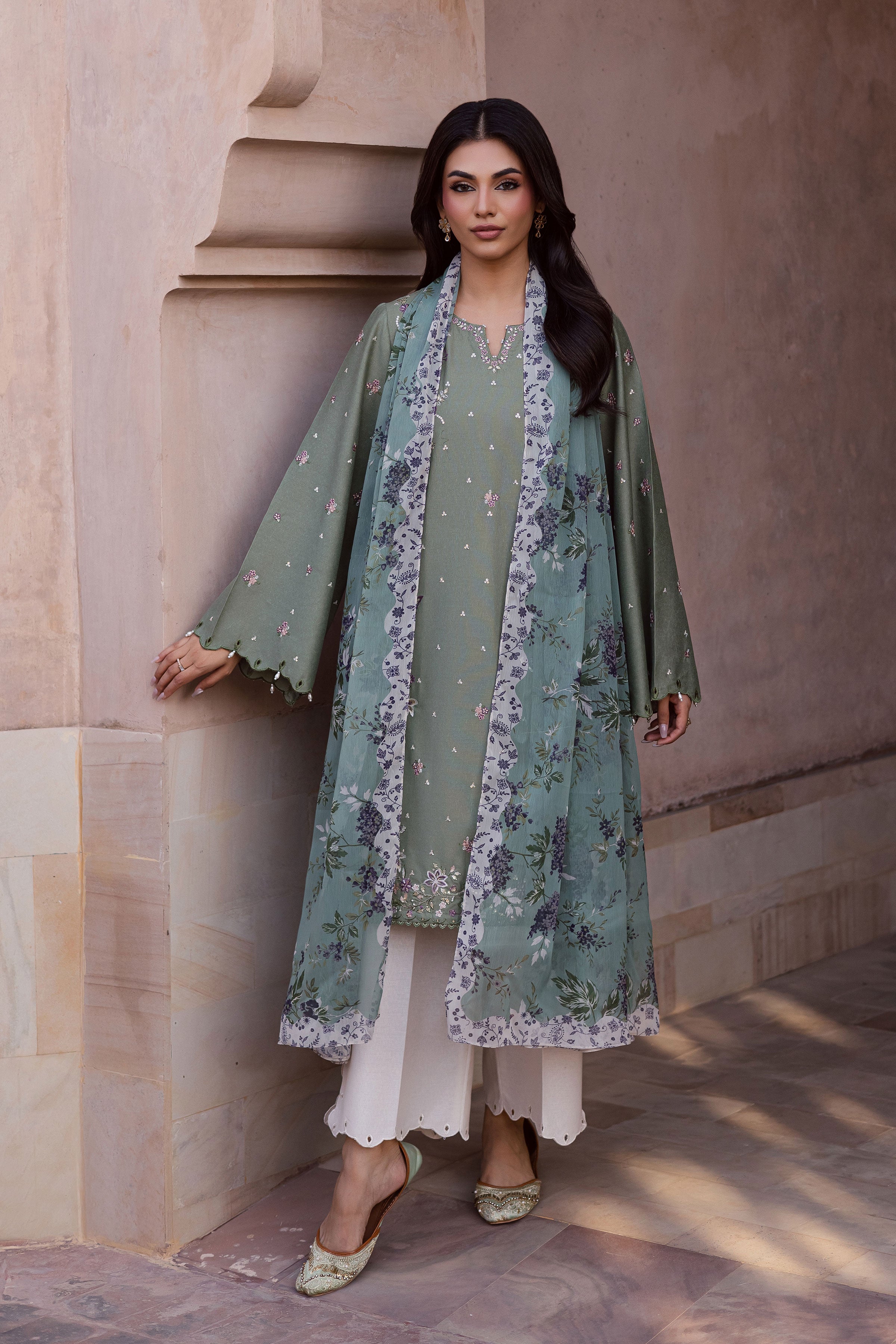 Sage Flower 3Pc - Embroidered Karandi Dress BATIK WINTER PRET 2025 BATIK XS / Sage Green / Karandi-S / Sage Green / Karandi-M / Sage Green / Karandi-L / Sage Green / Karandi-XL / Sage Green / Karandi