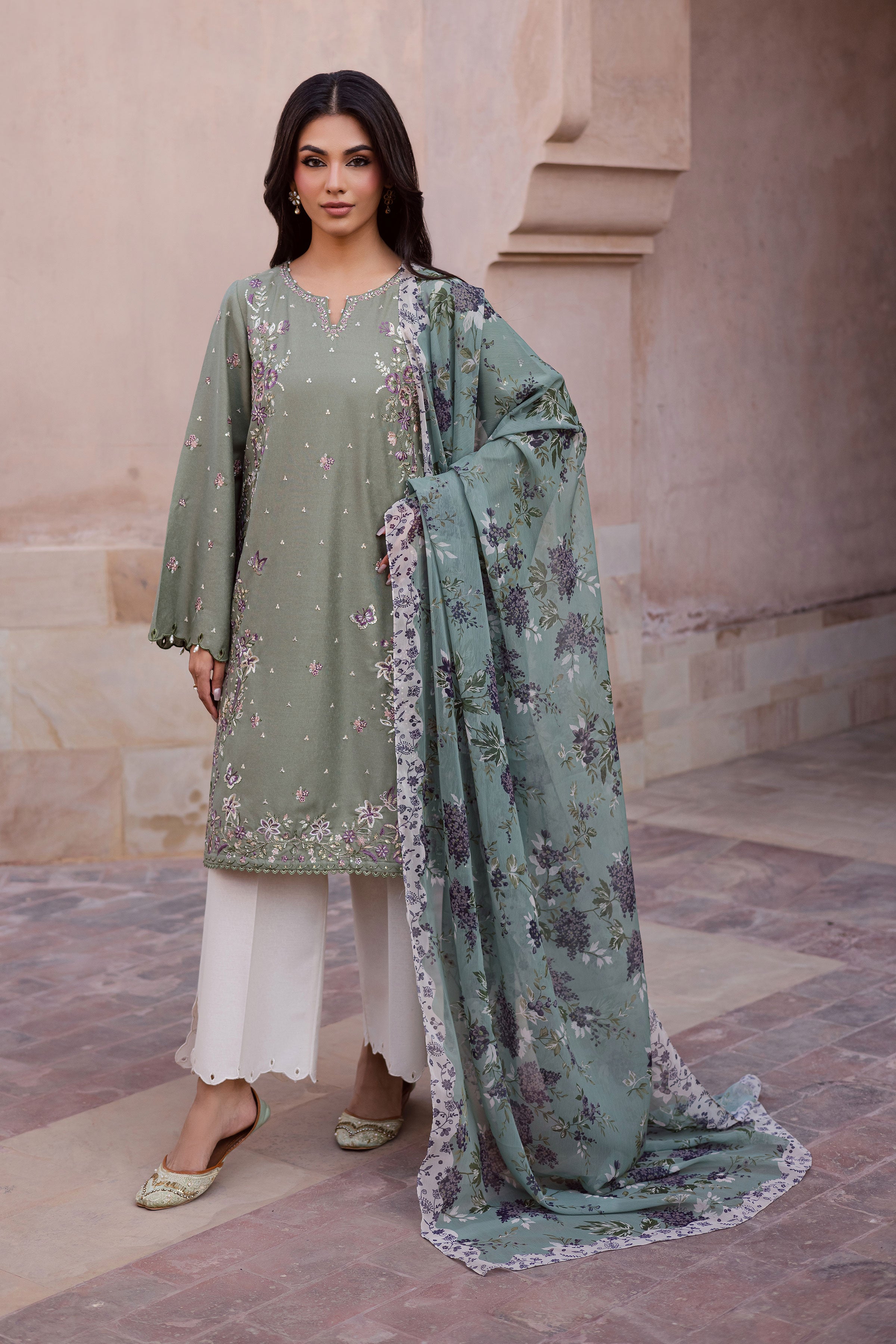 Sage Flower 3Pc - Embroidered Karandi Dress BATIK WINTER PRET 2025 BATIK XS / Sage Green / Karandi-S / Sage Green / Karandi-M / Sage Green / Karandi-L / Sage Green / Karandi-XL / Sage Green / Karandi