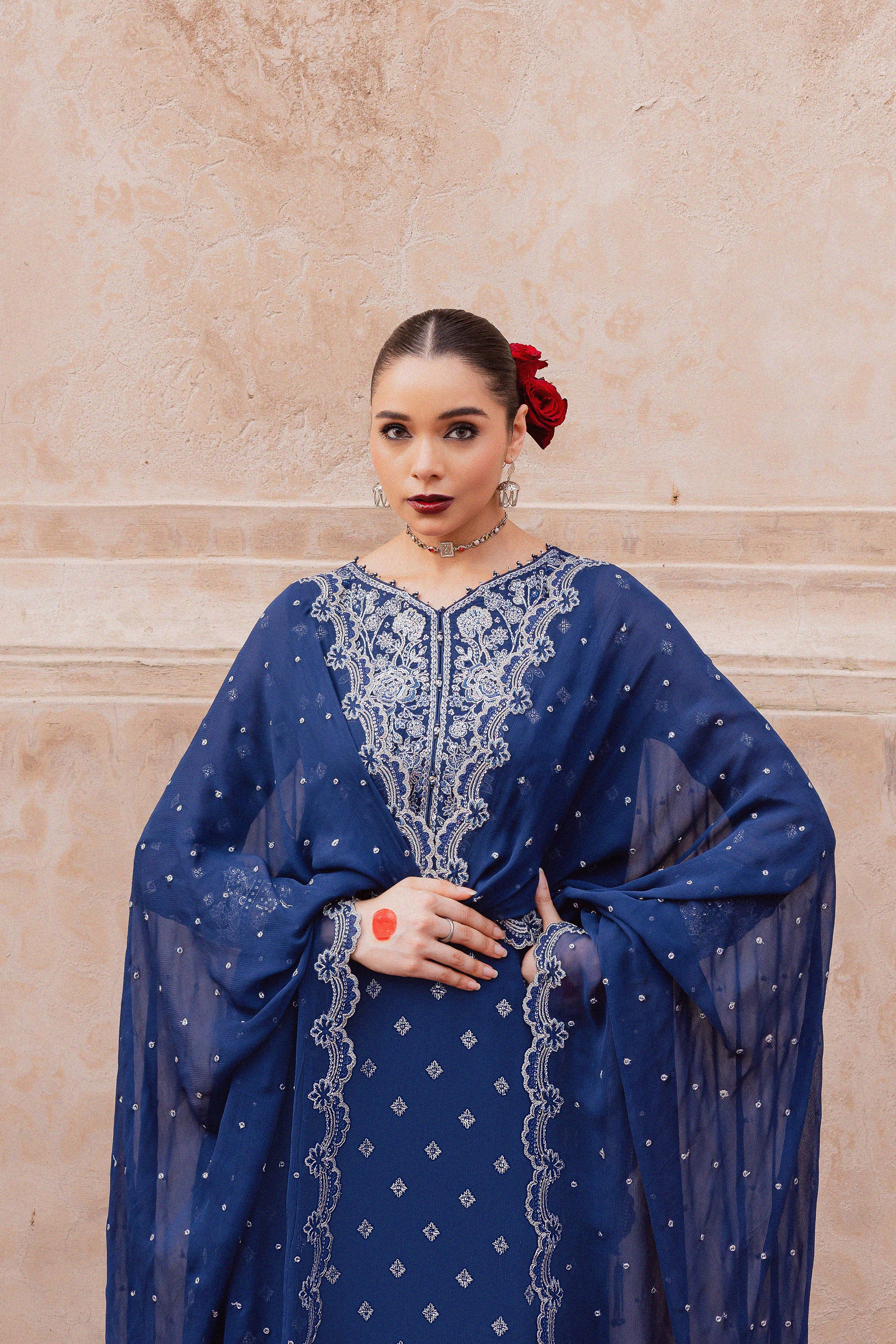 Sereene Sapphire 3Pc - Festive Luxe Pret BATIKLuxePRET BATIK XS / Royal Blue / Chiffon & Raw Silk-S / Royal Blue / Chiffon & Raw Silk-M / Royal Blue / Chiffon & Raw Silk-L / Royal Blue / Chiffon & Raw Silk-XL / Royal Blue / Chiffon & Raw Silk