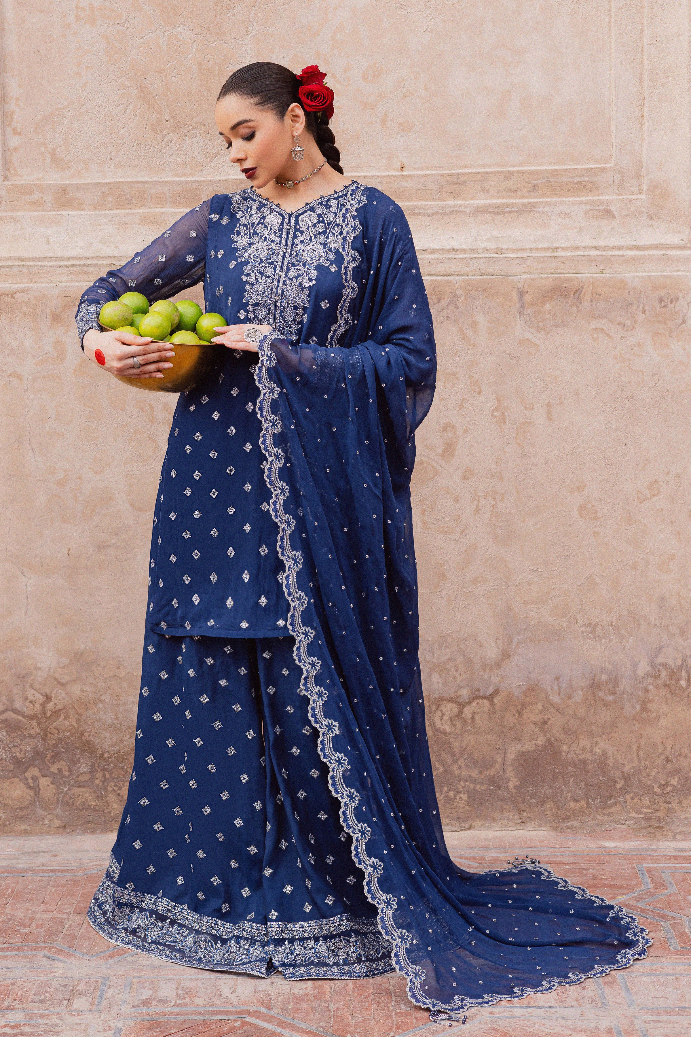 Sereene Sapphire 3Pc - Festive Luxe Pret BATIKLuxePRET BATIK XS / Royal Blue / Chiffon & Raw Silk-S / Royal Blue / Chiffon & Raw Silk-M / Royal Blue / Chiffon & Raw Silk-L / Royal Blue / Chiffon & Raw Silk-XL / Royal Blue / Chiffon & Raw Silk