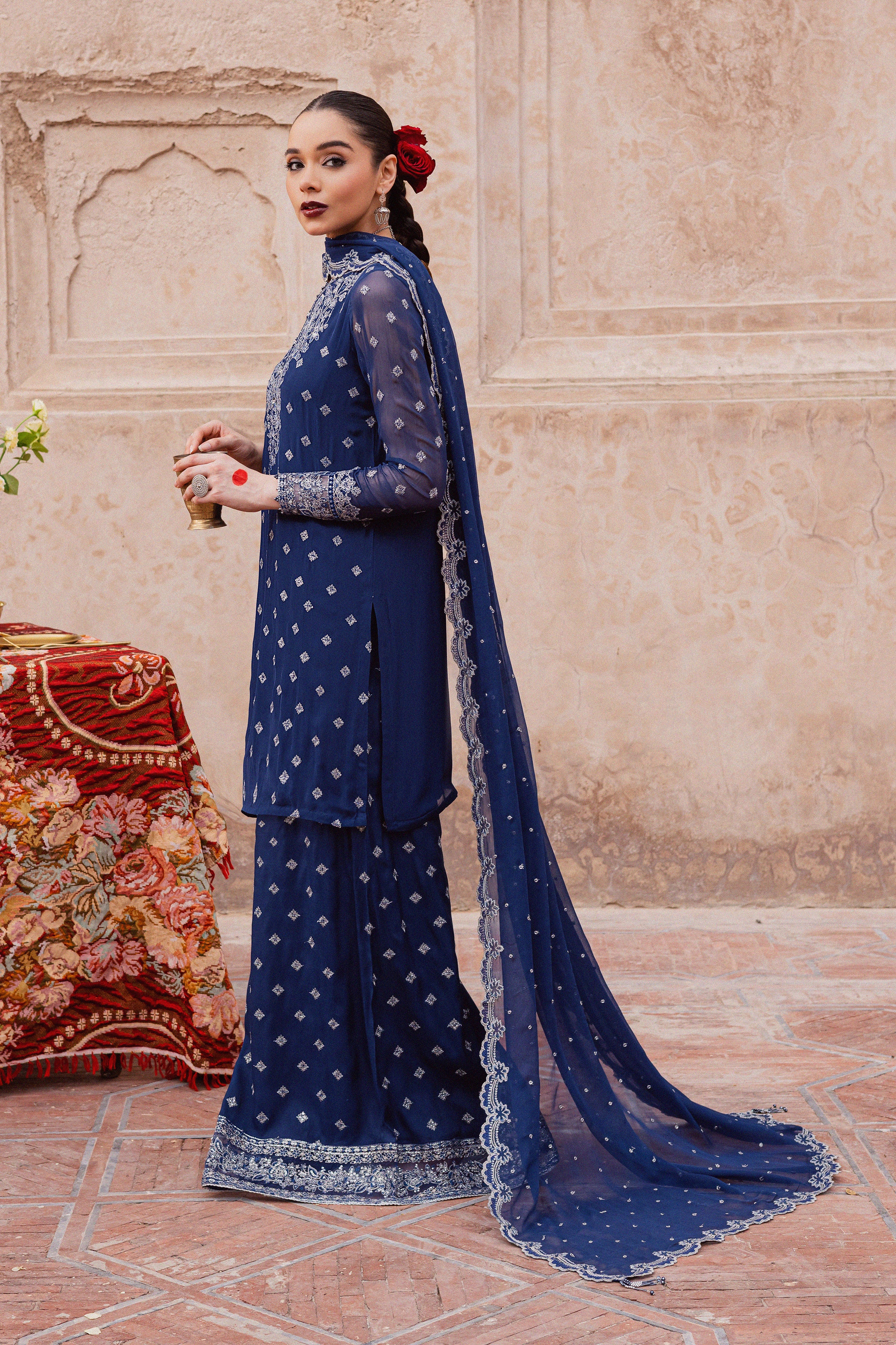 Sereene Sapphire 3Pc - Festive Luxe Pret BATIKLuxePRET BATIK XS / Royal Blue / Chiffon & Raw Silk-S / Royal Blue / Chiffon & Raw Silk-M / Royal Blue / Chiffon & Raw Silk-L / Royal Blue / Chiffon & Raw Silk-XL / Royal Blue / Chiffon & Raw Silk
