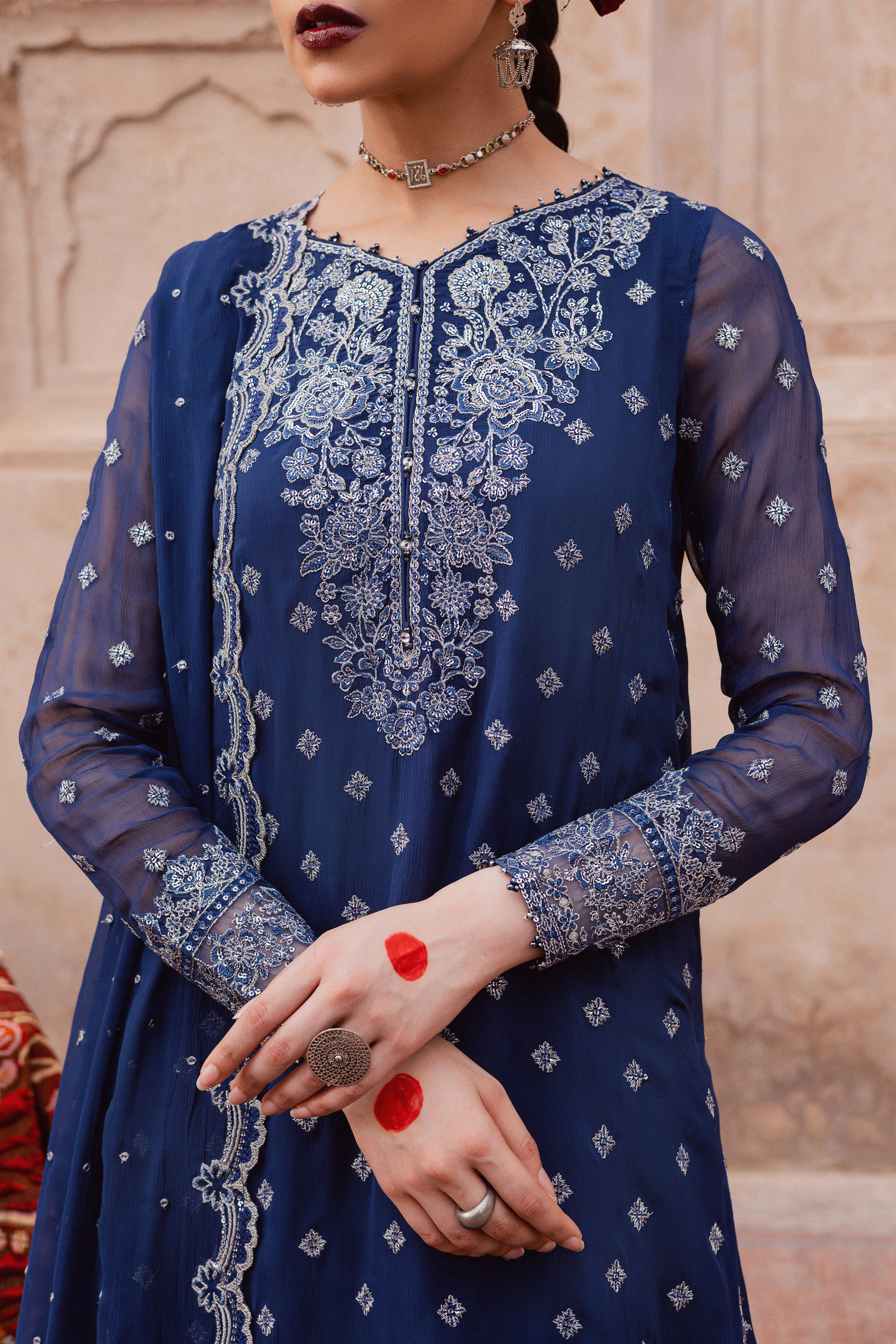 Sereene Sapphire 3Pc - Festive Luxe Pret BATIKLuxePRET BATIK XS / Royal Blue / Chiffon & Raw Silk-S / Royal Blue / Chiffon & Raw Silk-M / Royal Blue / Chiffon & Raw Silk-L / Royal Blue / Chiffon & Raw Silk-XL / Royal Blue / Chiffon & Raw Silk