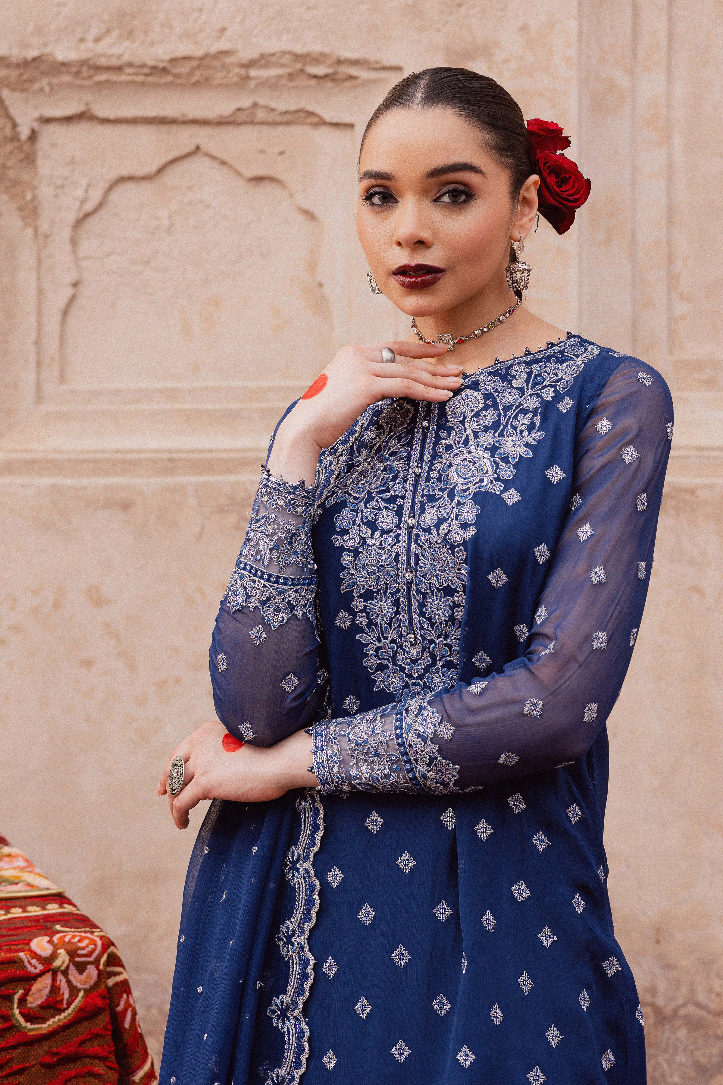 Sereene Sapphire 3Pc - Festive Luxe Pret BATIKLuxePRET BATIK XS / Royal Blue / Chiffon & Raw Silk-S / Royal Blue / Chiffon & Raw Silk-M / Royal Blue / Chiffon & Raw Silk-L / Royal Blue / Chiffon & Raw Silk-XL / Royal Blue / Chiffon & Raw Silk