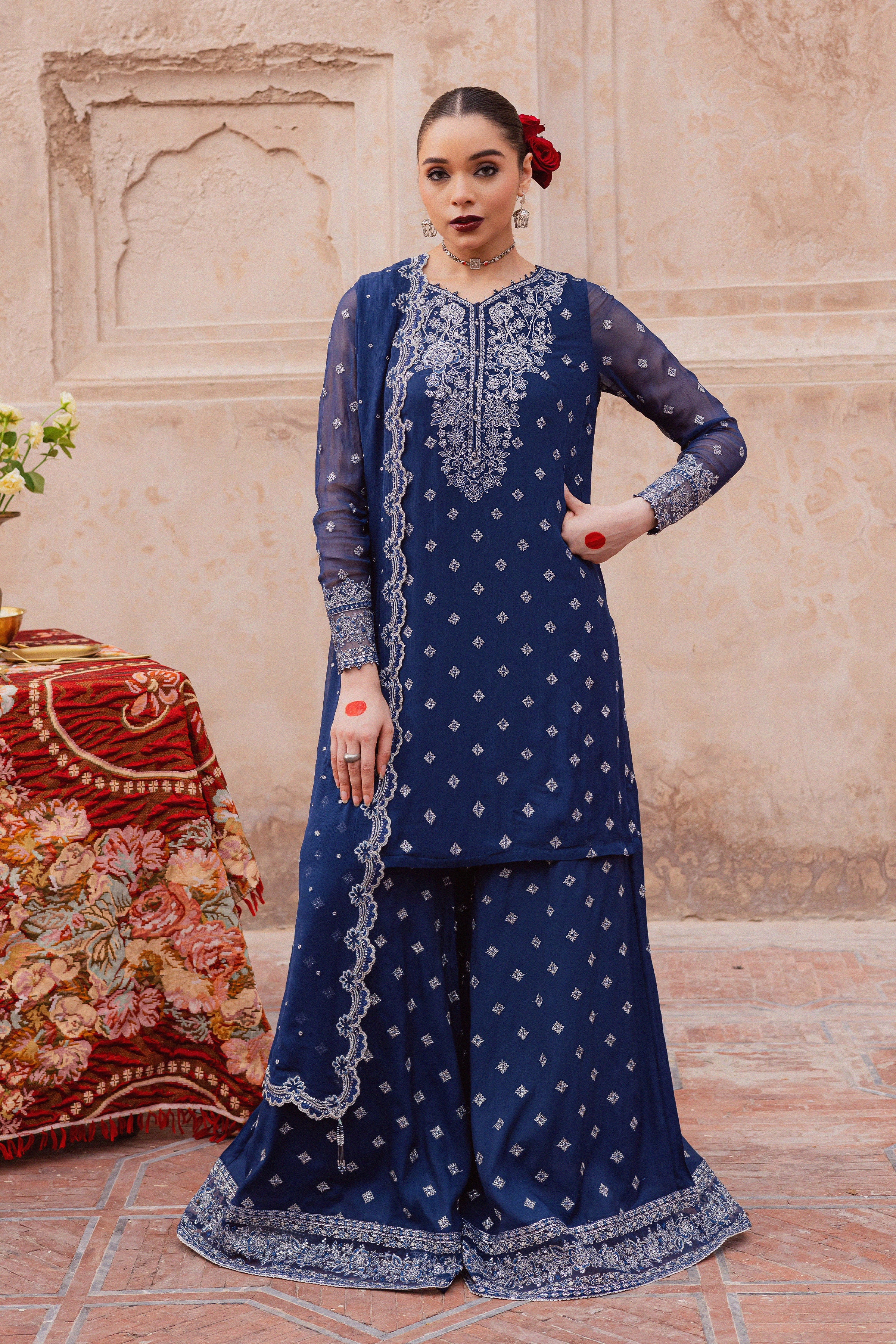 Sereene Sapphire 3Pc - Festive Luxe Pret BATIKLuxePRET BATIK XS / Royal Blue / Chiffon & Raw Silk-S / Royal Blue / Chiffon & Raw Silk-M / Royal Blue / Chiffon & Raw Silk-L / Royal Blue / Chiffon & Raw Silk-XL / Royal Blue / Chiffon & Raw Silk