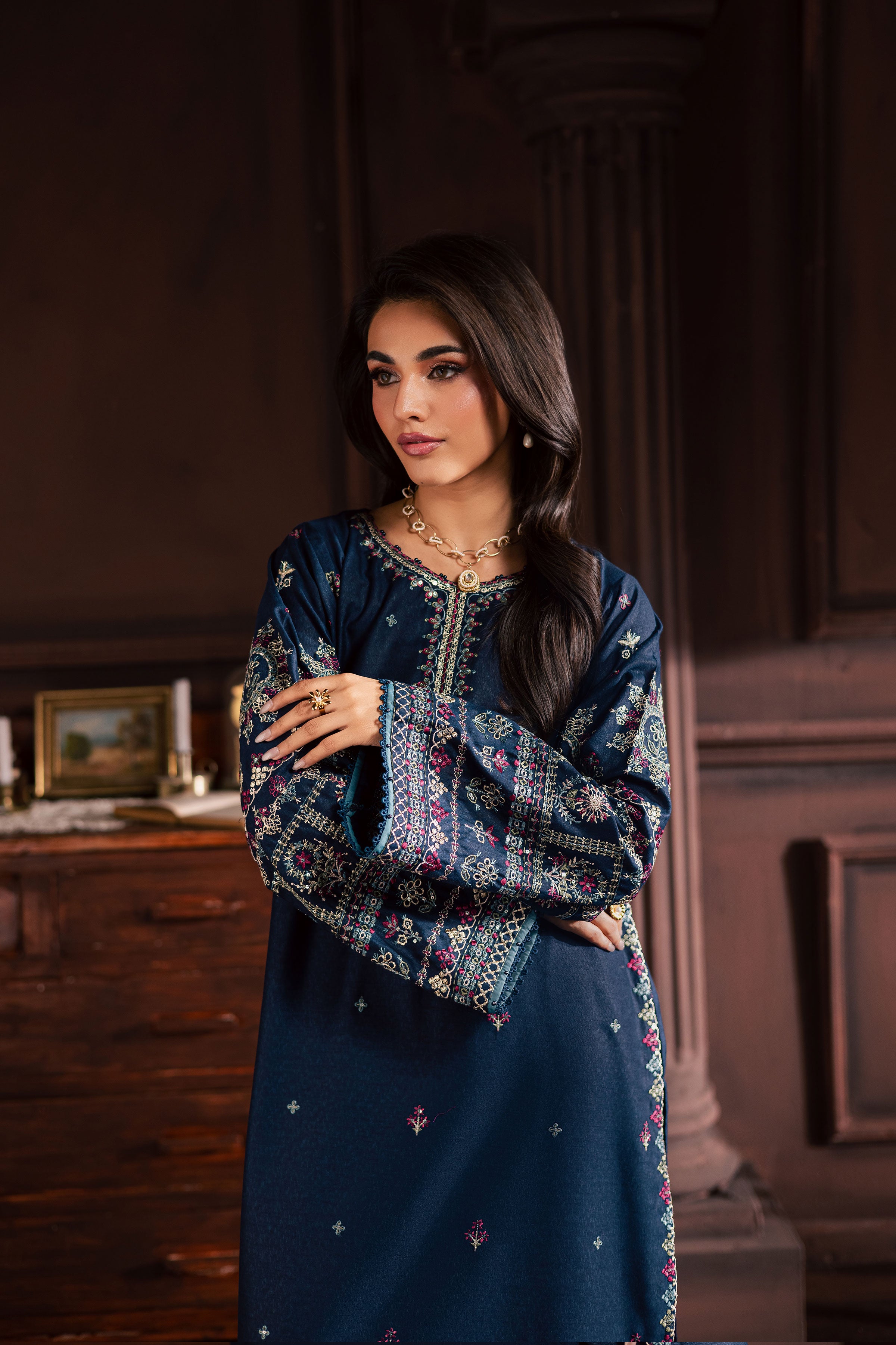 Shajjar 2Pc - Embroidered Karandi Dress BATIK WINTER PRET 2025 BATIK XS / Navy Blue / Karandi-S / Navy Blue / Karandi-M / Navy Blue / Karandi-L / Navy Blue / Karandi-XL / Navy Blue / Karandi