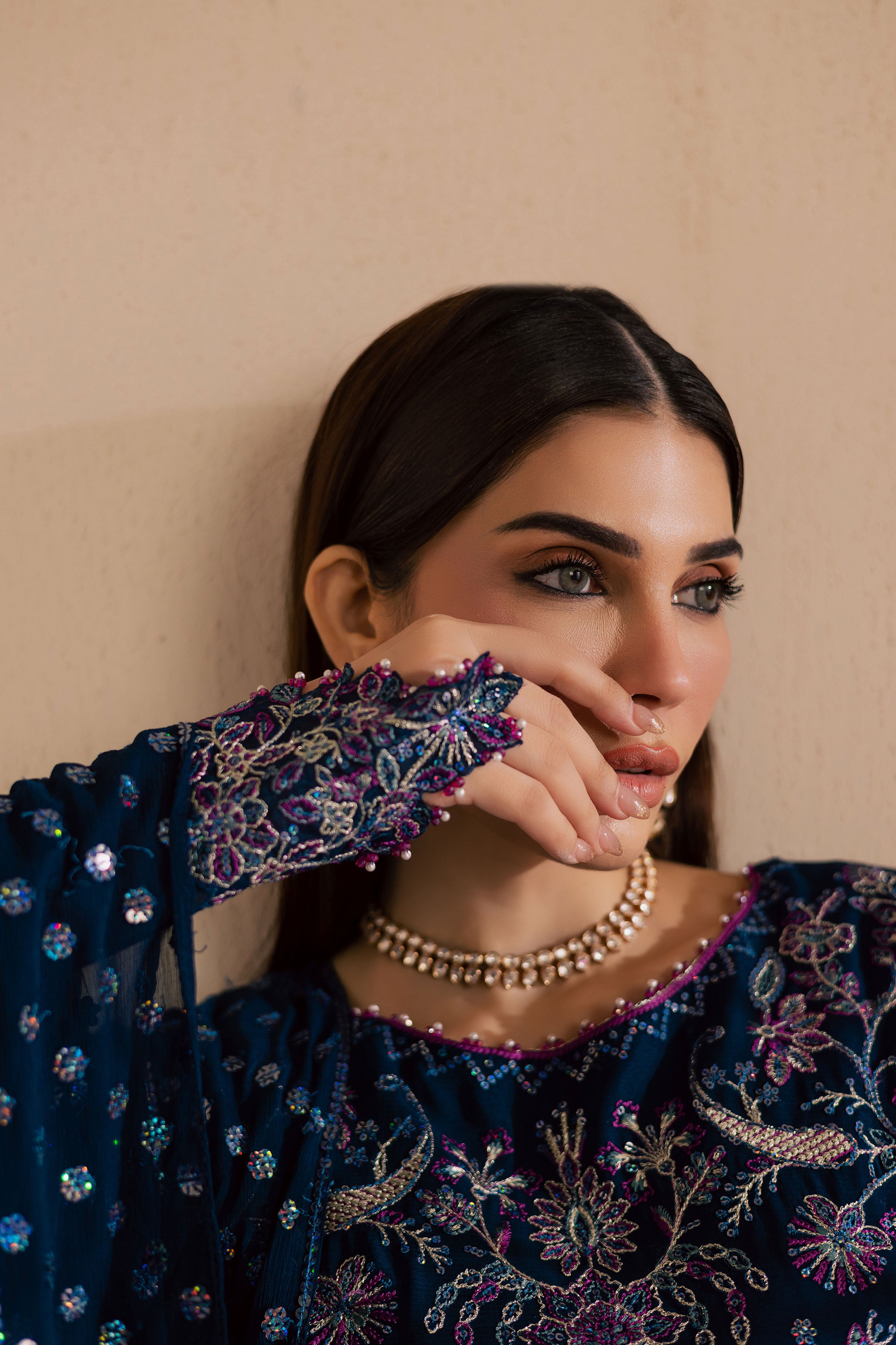 Sham e Falak 3Pc - Embroidered Luxe Pret BATIKLuxePRET2025 BATIK XS / Midnight Blue / Crinkle & Raw Silk-S / Midnight Blue / Crinkle & Raw Silk-M / Midnight Blue / Crinkle & Raw Silk-L / Midnight Blue / Crinkle & Raw Silk-XL / Midnight Blue / Crinkle & Raw Silk