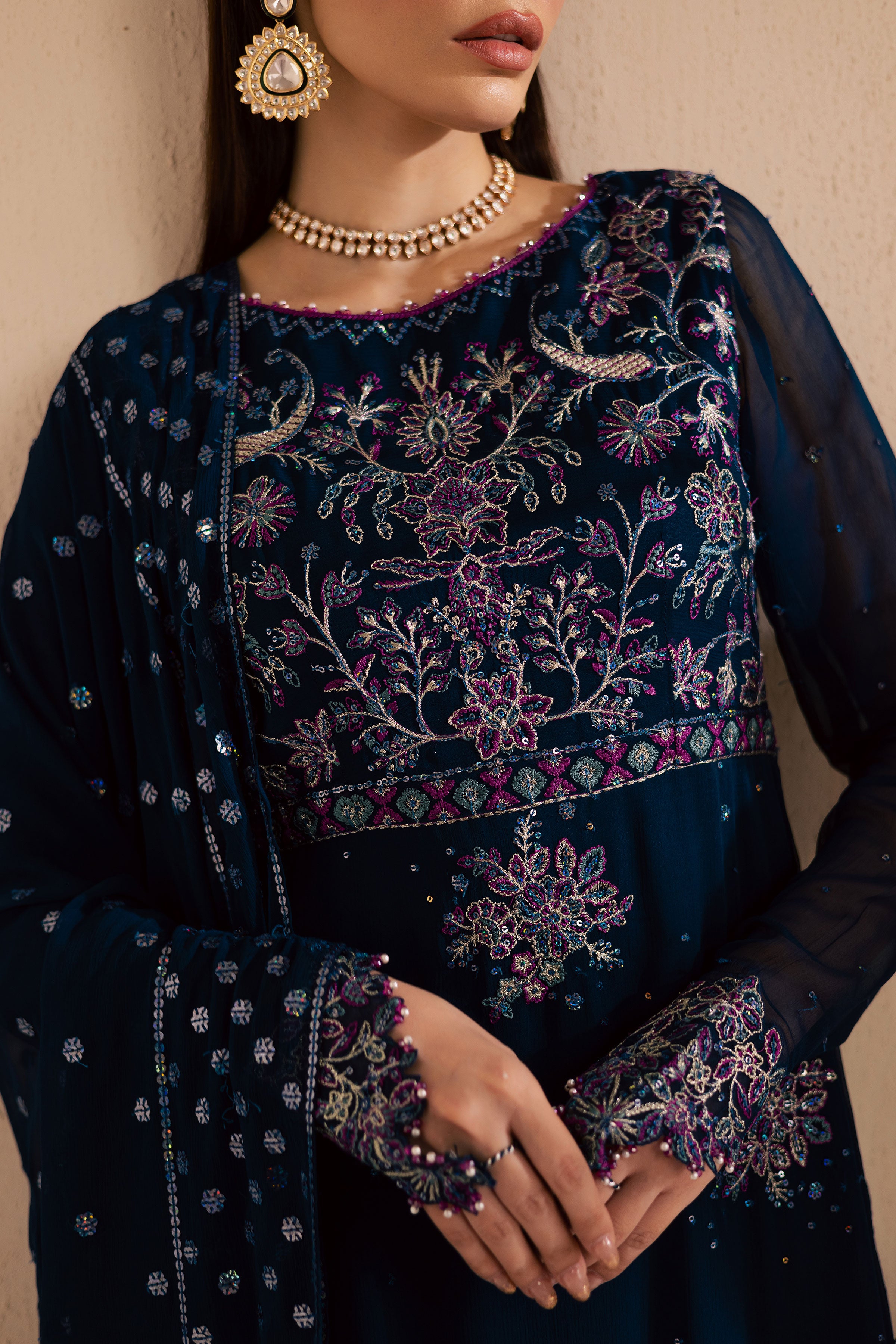 Sham e Falak 3Pc - Embroidered Luxe Pret BATIKLuxePRET2025 BATIK XS / Midnight Blue / Crinkle & Raw Silk-S / Midnight Blue / Crinkle & Raw Silk-M / Midnight Blue / Crinkle & Raw Silk-L / Midnight Blue / Crinkle & Raw Silk-XL / Midnight Blue / Crinkle & Raw Silk