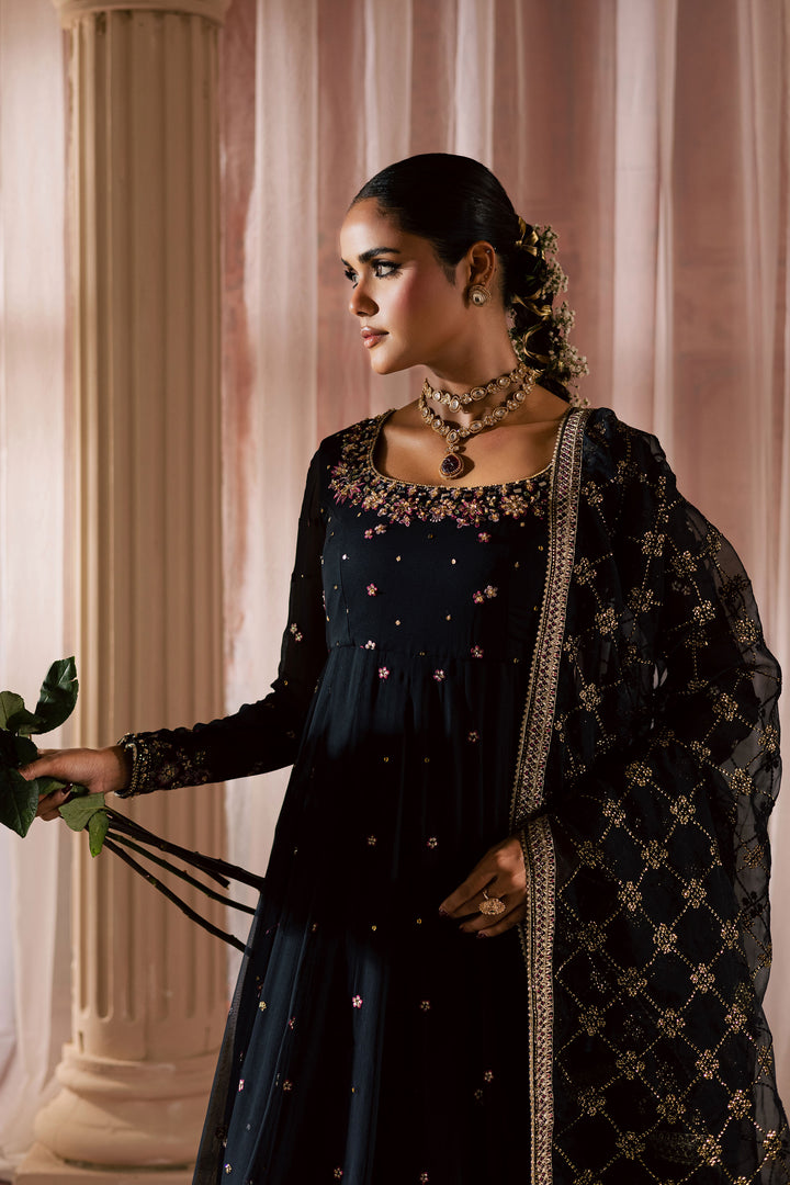 Siyah Mehmal  3Pc - Chiffon Wedding Frock BATIKLuxePRET2025  BATIK   S / Black / Chiffon & Raw Silk-M / Black / Chiffon & Raw Silk-L / Black / Chiffon & Raw Silk