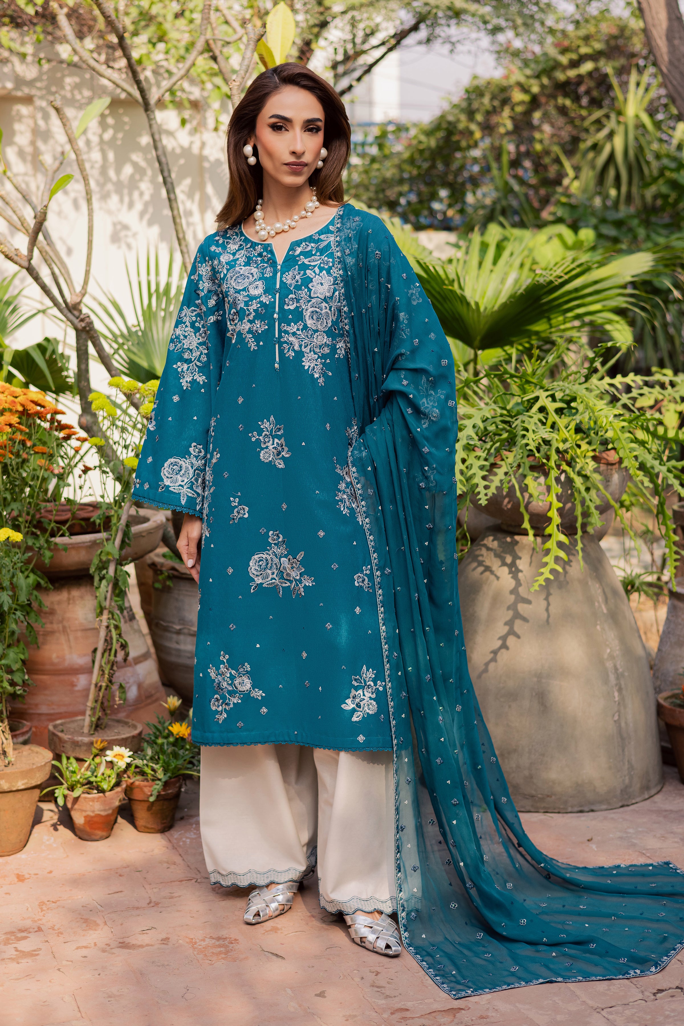 Teal Ocean 3Pc - Embroidered Festive Pret BATIK WINTER PRET 2025 BATIK XS / Teal / Textured Cotton-S / Teal / Textured Cotton-M / Teal / Textured Cotton-L / Teal / Textured Cotton-XL / Teal / Textured Cotton