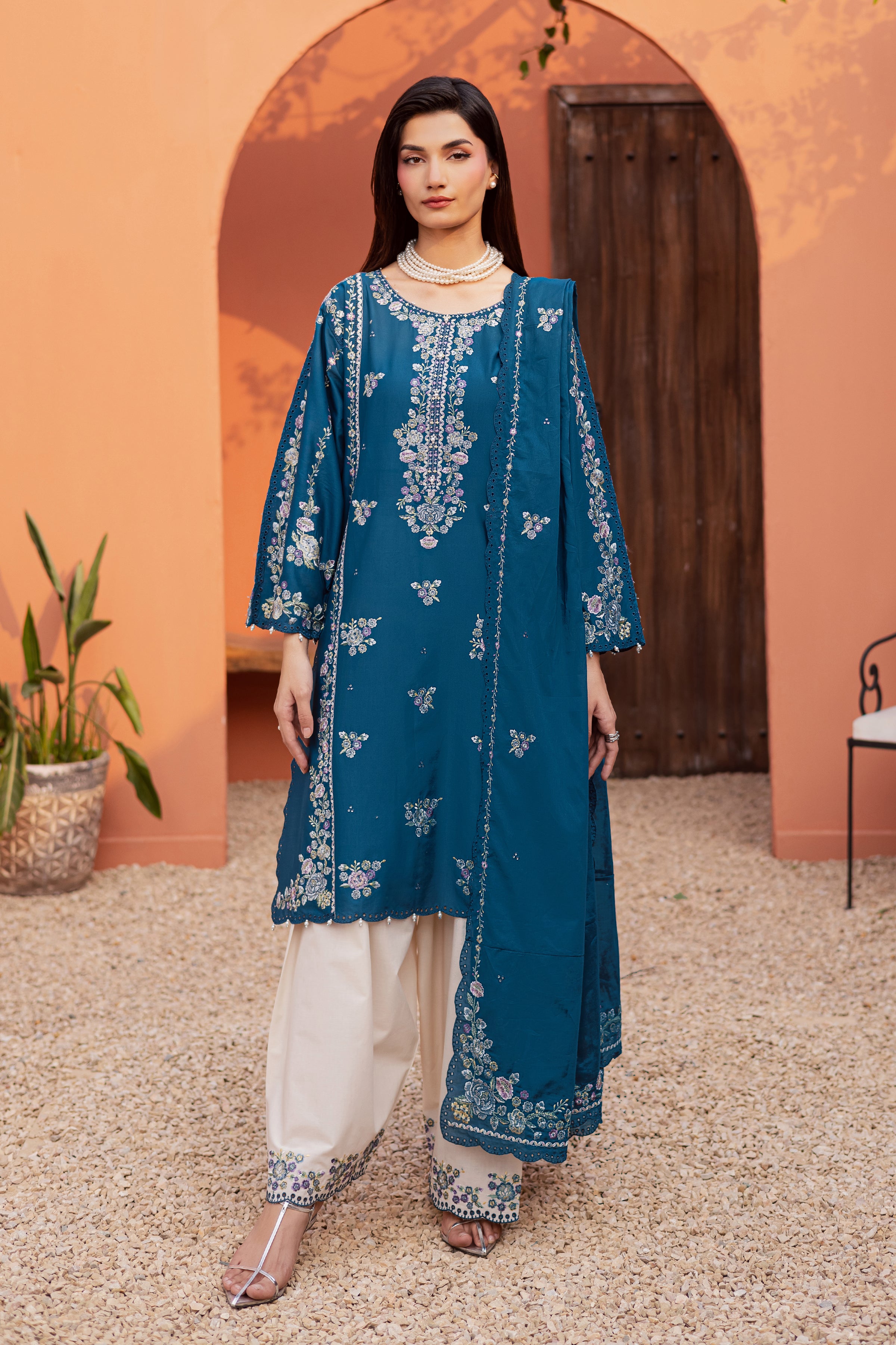 Twilight Bloom 3Pc - Festive Embroidered Lawn BATIKEID2026 BATIK XS / Moroccan Blue / Pima Lawn-S / Moroccan Blue / Pima Lawn-M / Moroccan Blue / Pima Lawn-L / Moroccan Blue / Pima Lawn-XL / Moroccan Blue / Pima Lawn