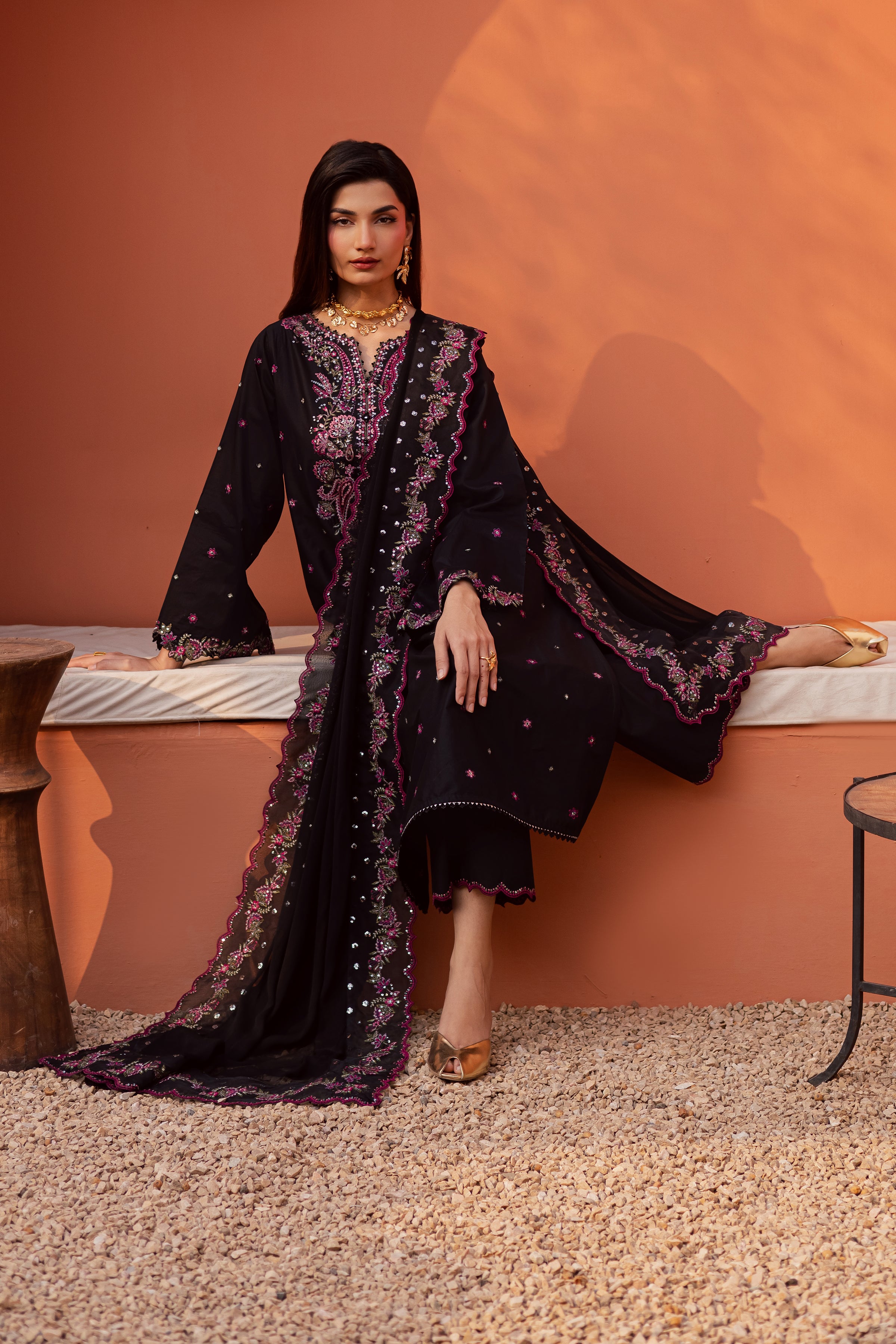 Unaiza 3Pc - Festive Embroidered Lawn BATIKEID2026 BATIK XS / Black / Giza-S / Black / Giza-M / Black / Giza-L / Black / Giza-XL / Black / Giza
