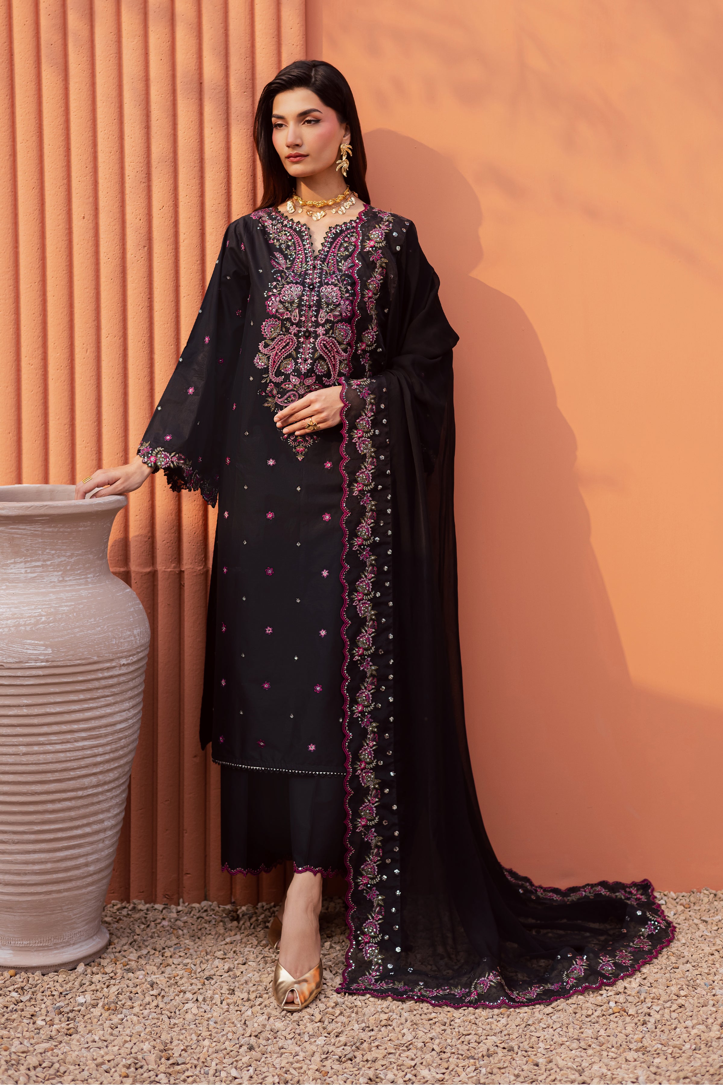 Unaiza 3Pc - Festive Embroidered Lawn BATIKEID2026 BATIK XS / Black / Giza-S / Black / Giza-M / Black / Giza-L / Black / Giza-XL / Black / Giza