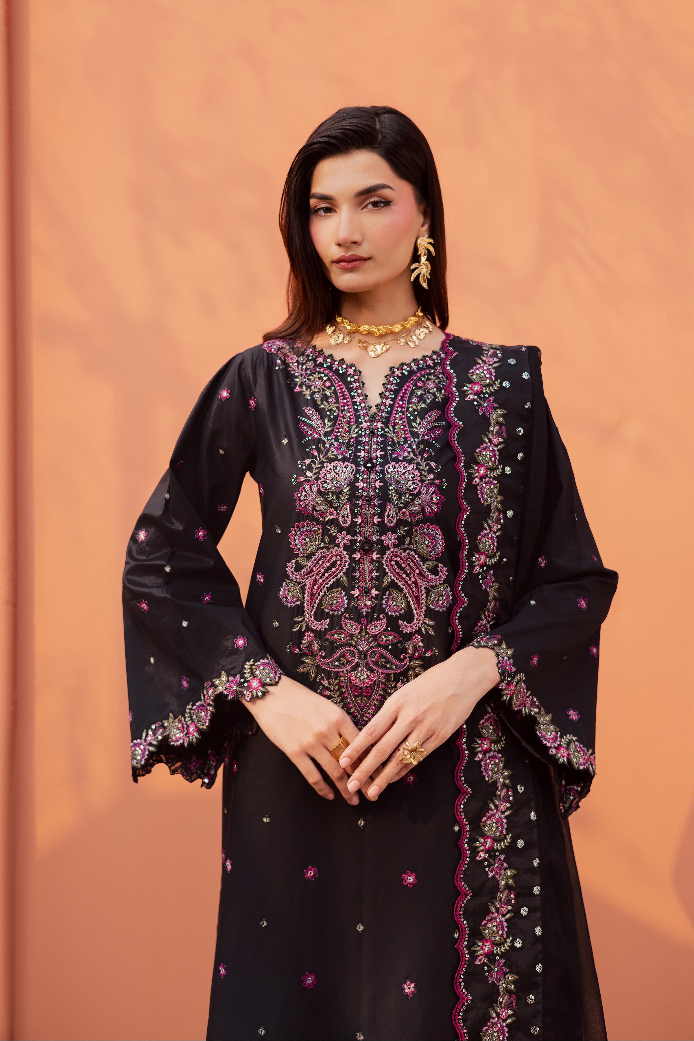 Unaiza 3Pc - Festive Embroidered Lawn BATIKEID2026 BATIK XS / Black / Giza-S / Black / Giza-M / Black / Giza-L / Black / Giza-XL / Black / Giza