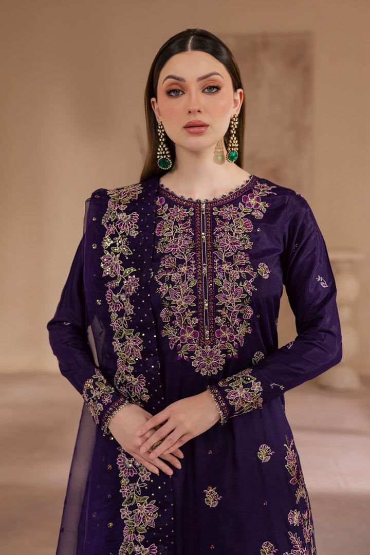Unzilla 3Pc - Embroidered Luxe Pret BATIKLuxePRET2025  BATIK   XS / Deep Purple / Raw Silk & Organza-S / Deep Purple / Raw Silk & Organza-M / Deep Purple / Raw Silk & Organza-L / Deep Purple / Raw Silk & Organza-XL / Deep Purple / Raw Silk & Organza
