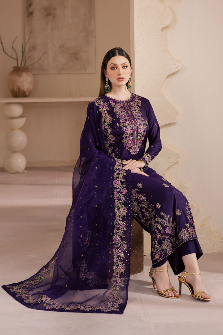 Unzilla 3Pc - Embroidered Luxe Pret BATIKLuxePRET2025  BATIK   XS / Deep Purple / Raw Silk & Organza-S / Deep Purple / Raw Silk & Organza-M / Deep Purple / Raw Silk & Organza-L / Deep Purple / Raw Silk & Organza-XL / Deep Purple / Raw Silk & Organza