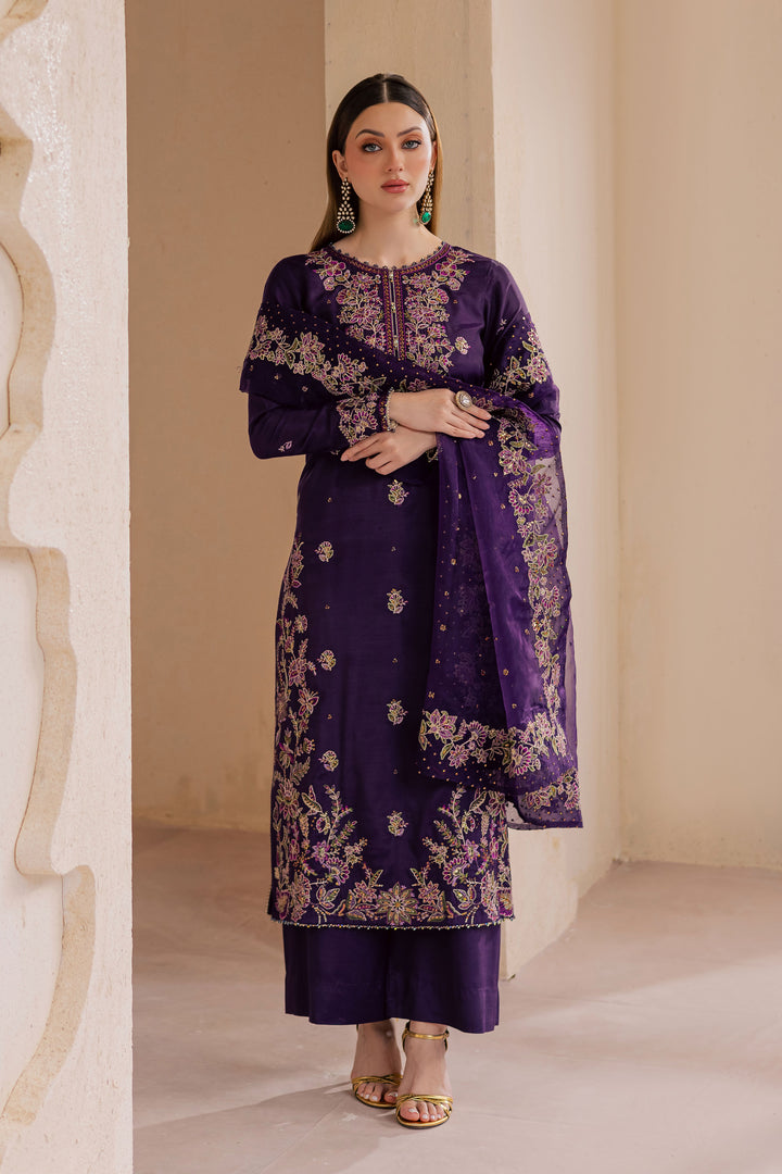 Unzilla 3Pc - Embroidered Luxe Pret BATIKLuxePRET2025  BATIK   XS / Deep Purple / Raw Silk & Organza-S / Deep Purple / Raw Silk & Organza-M / Deep Purple / Raw Silk & Organza-L / Deep Purple / Raw Silk & Organza-XL / Deep Purple / Raw Silk & Organza