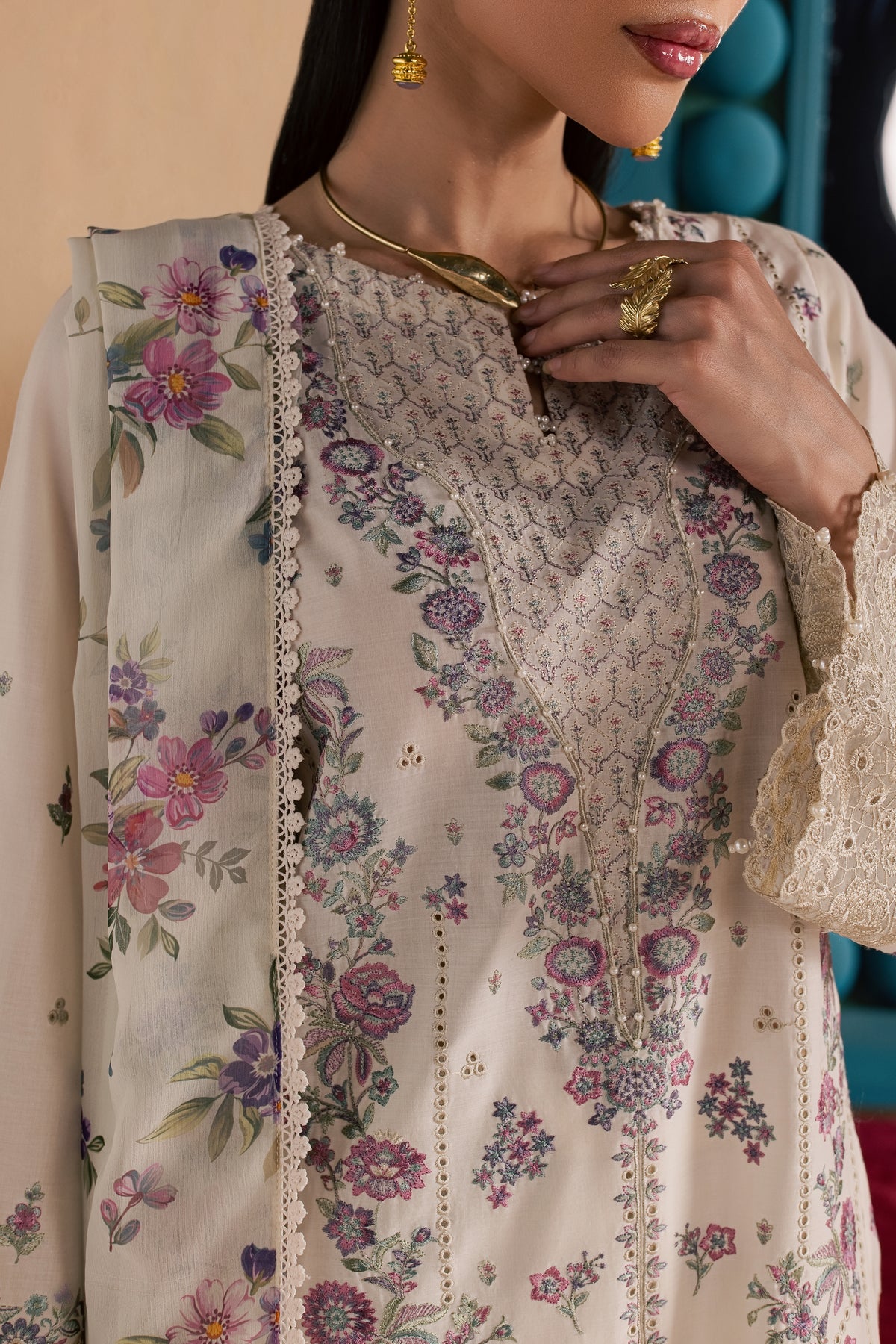 White Rainbow 3Pc - Luxury Embroidered Lawn BATIKSS26 BATIK XS / White Swan / Pima Lawn-S / White Swan / Pima Lawn-M / White Swan / Pima Lawn-L / White Swan / Pima Lawn-XL / White Swan / Pima Lawn