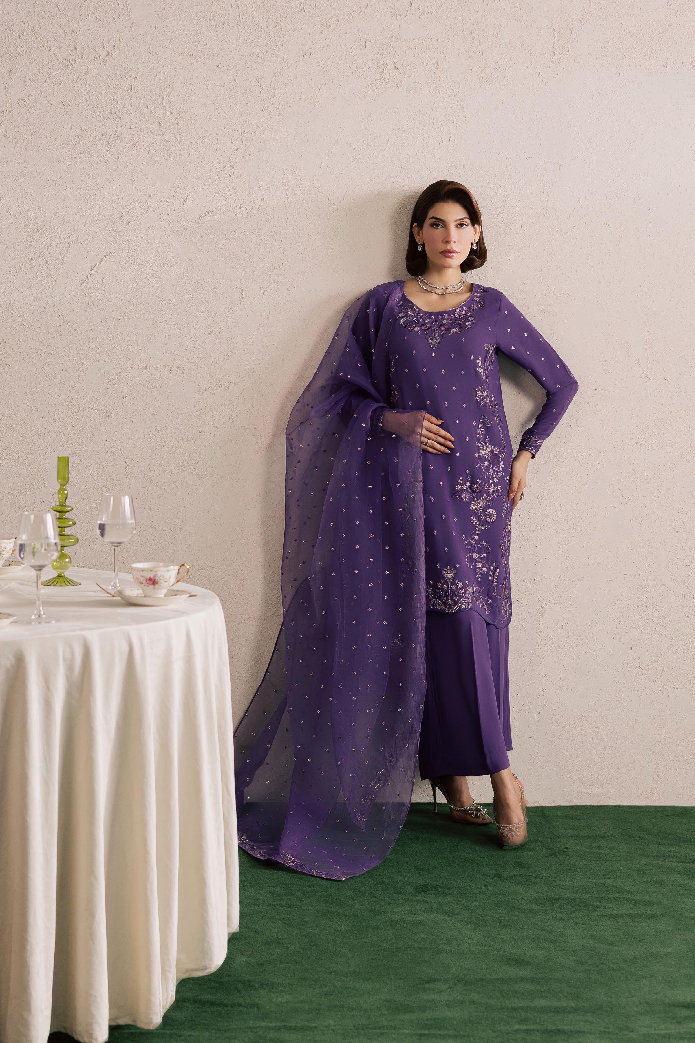 Zareen 3Pc - Festive Luxury Formal BATIKSS26 BATIK S / Lilac Purple / Georgette-M / Lilac Purple / Georgette-L / Lilac Purple / Georgette