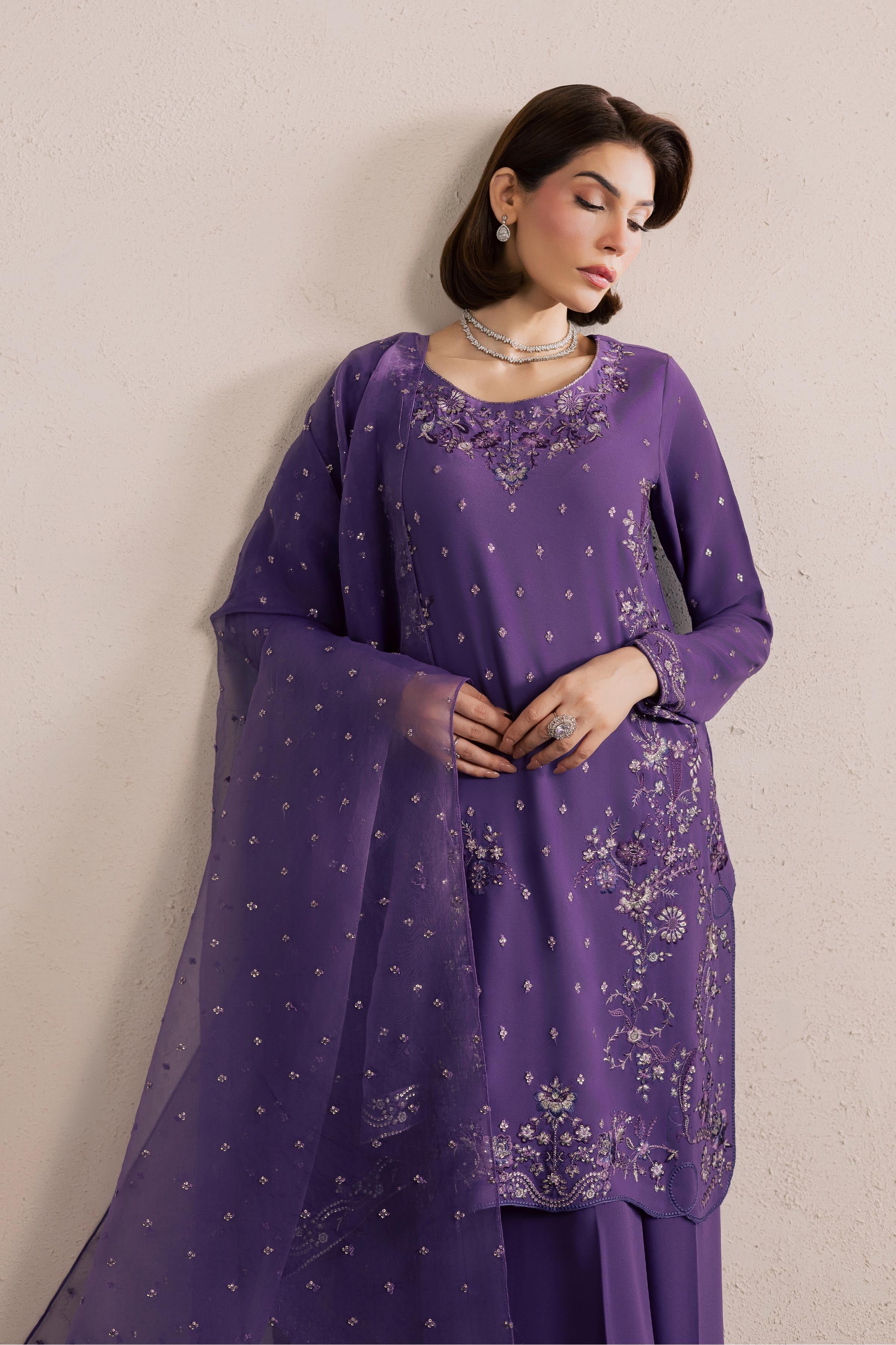 Zareen 3Pc - Festive Luxury Formal BATIKSS26 BATIK S / Lilac Purple / Georgette-M / Lilac Purple / Georgette-L / Lilac Purple / Georgette