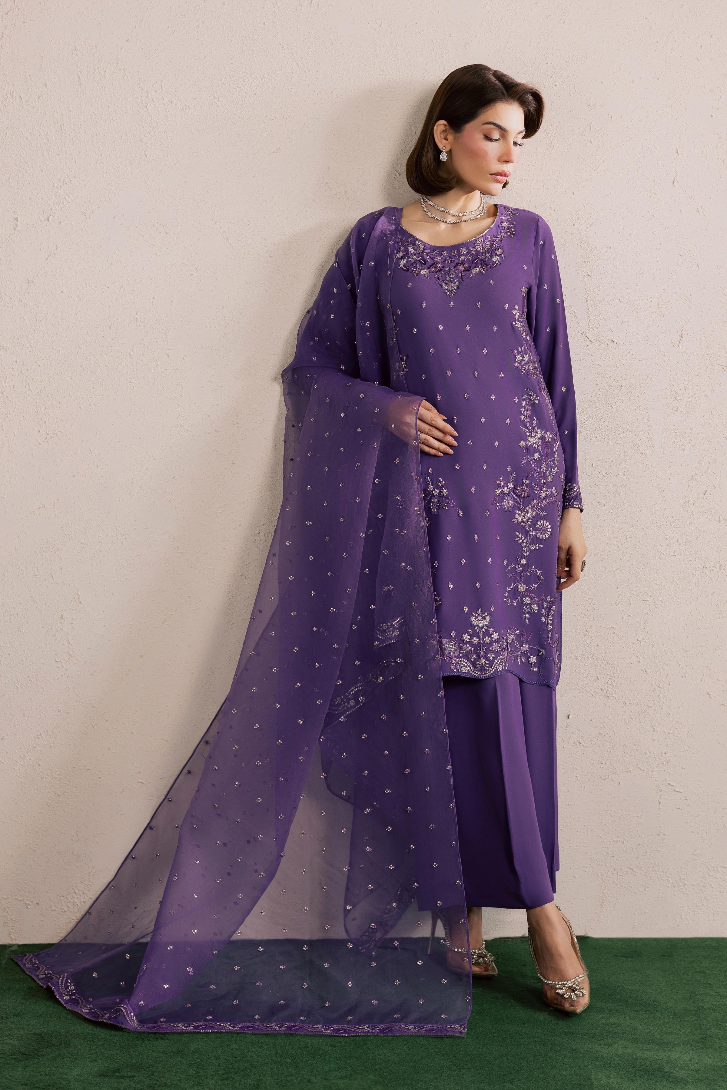 Zareen 3Pc - Festive Luxury Formal BATIKSS26 BATIK S / Lilac Purple / Georgette-M / Lilac Purple / Georgette-L / Lilac Purple / Georgette