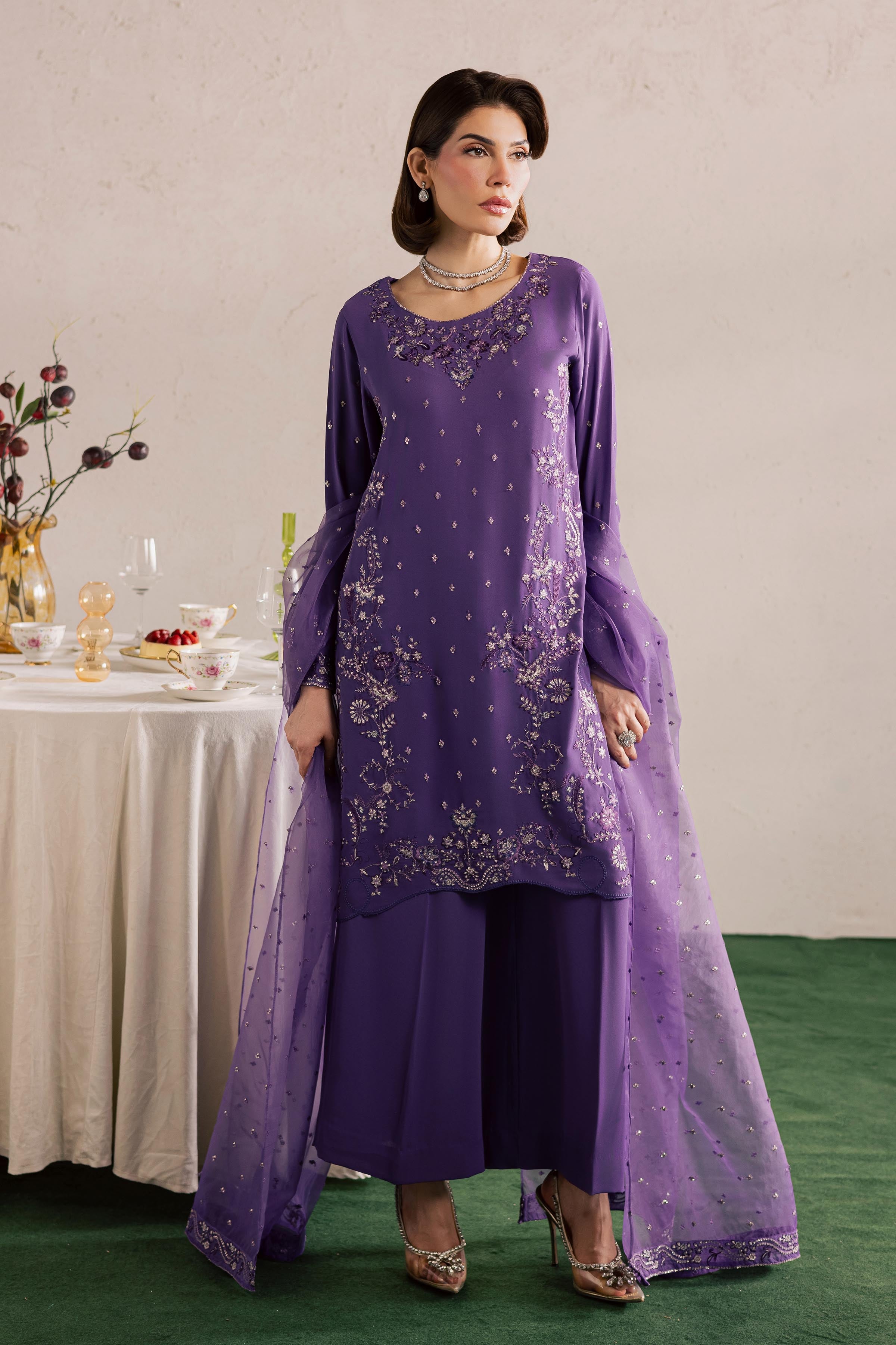 Zareen 3Pc - Festive Luxury Formal BATIKSS26 BATIK S / Lilac Purple / Georgette-M / Lilac Purple / Georgette-L / Lilac Purple / Georgette