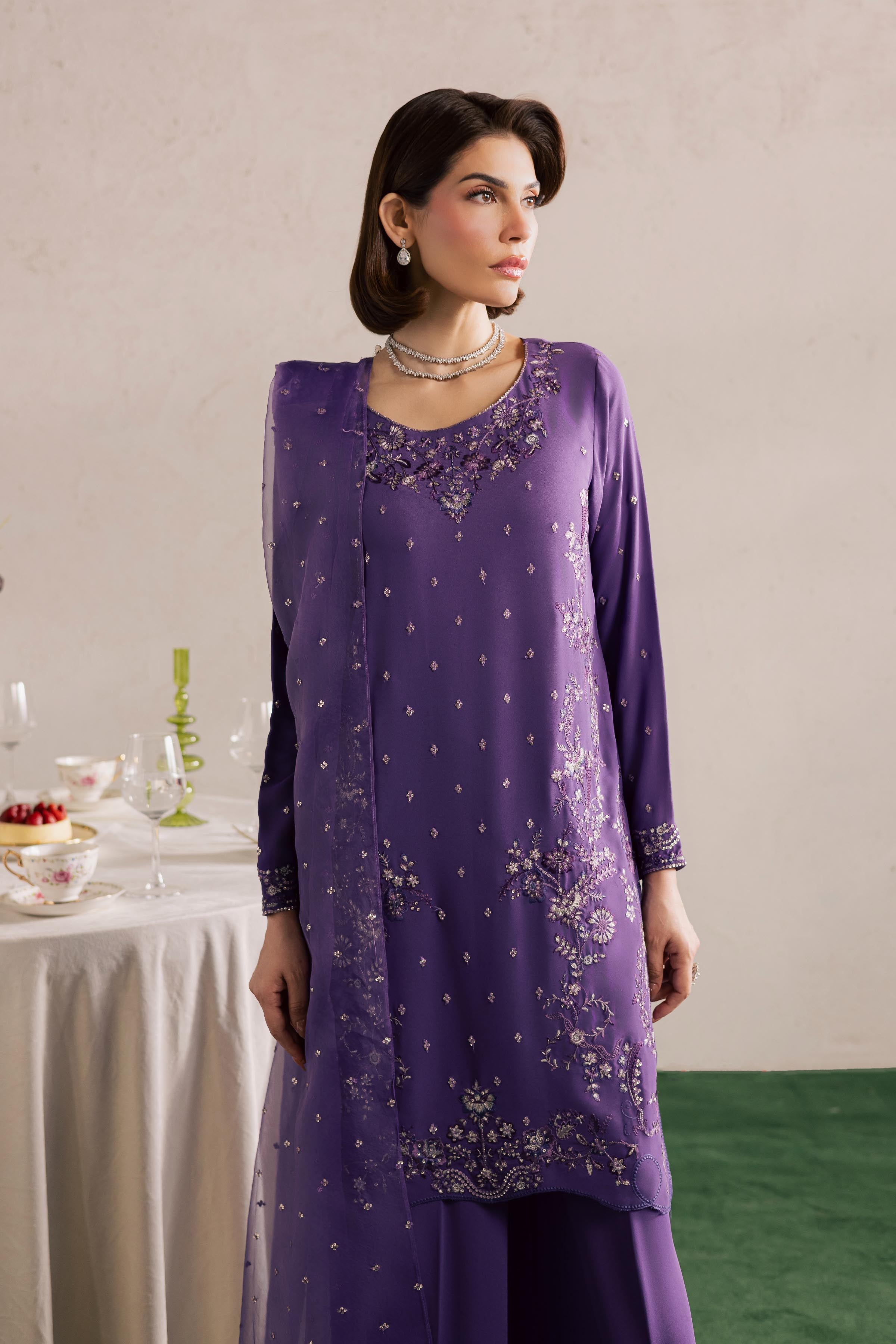 Zareen 3Pc - Festive Luxury Formal BATIKSS26 BATIK S / Lilac Purple / Georgette-M / Lilac Purple / Georgette-L / Lilac Purple / Georgette