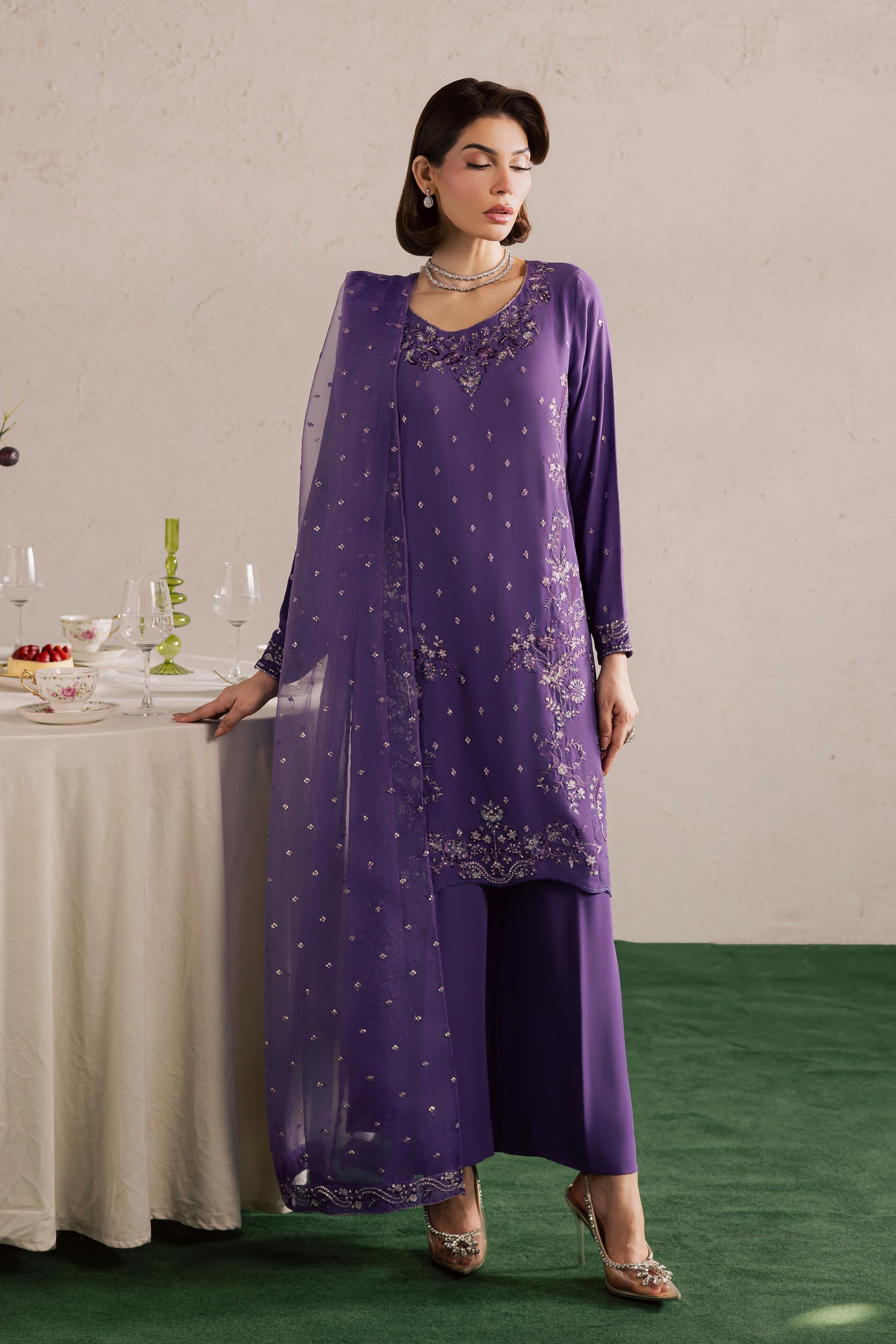 Zareen 3Pc - Festive Luxury Formal BATIKSS26 BATIK S / Lilac Purple / Georgette-M / Lilac Purple / Georgette-L / Lilac Purple / Georgette
