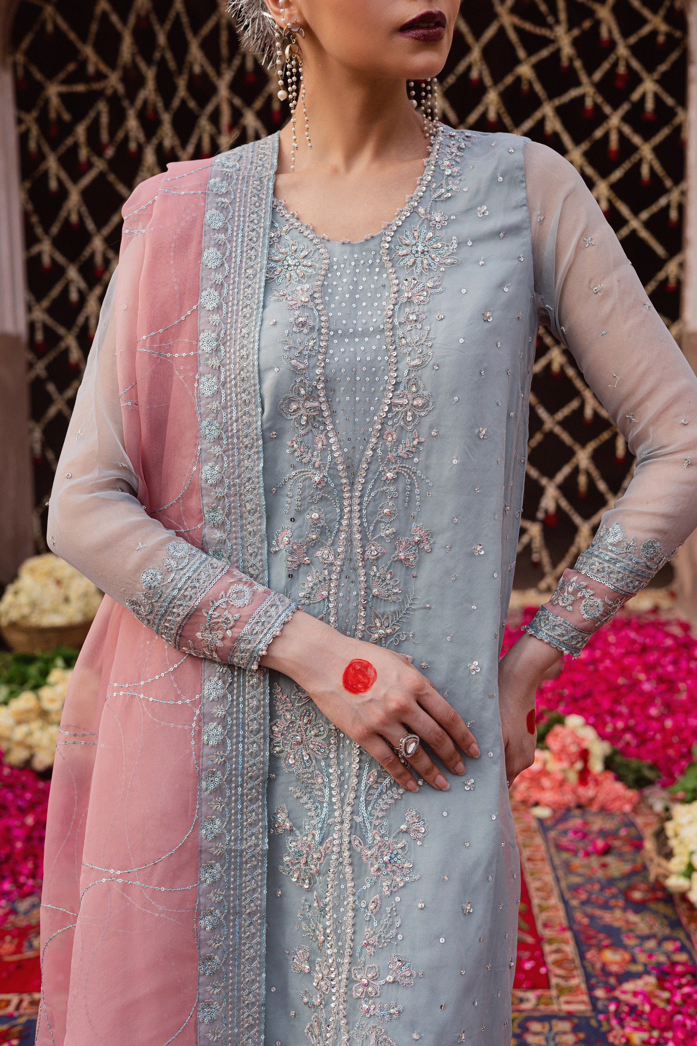 Zewya 3Pc - Festive Luxe Pret BATIKLuxePRET BATIK XS / Ash Blue / Organza & Raw Silk-S / Ash Blue / Organza & Raw Silk-M / Ash Blue / Organza & Raw Silk-L / Ash Blue / Organza & Raw Silk-XL / Ash Blue / Organza & Raw Silk