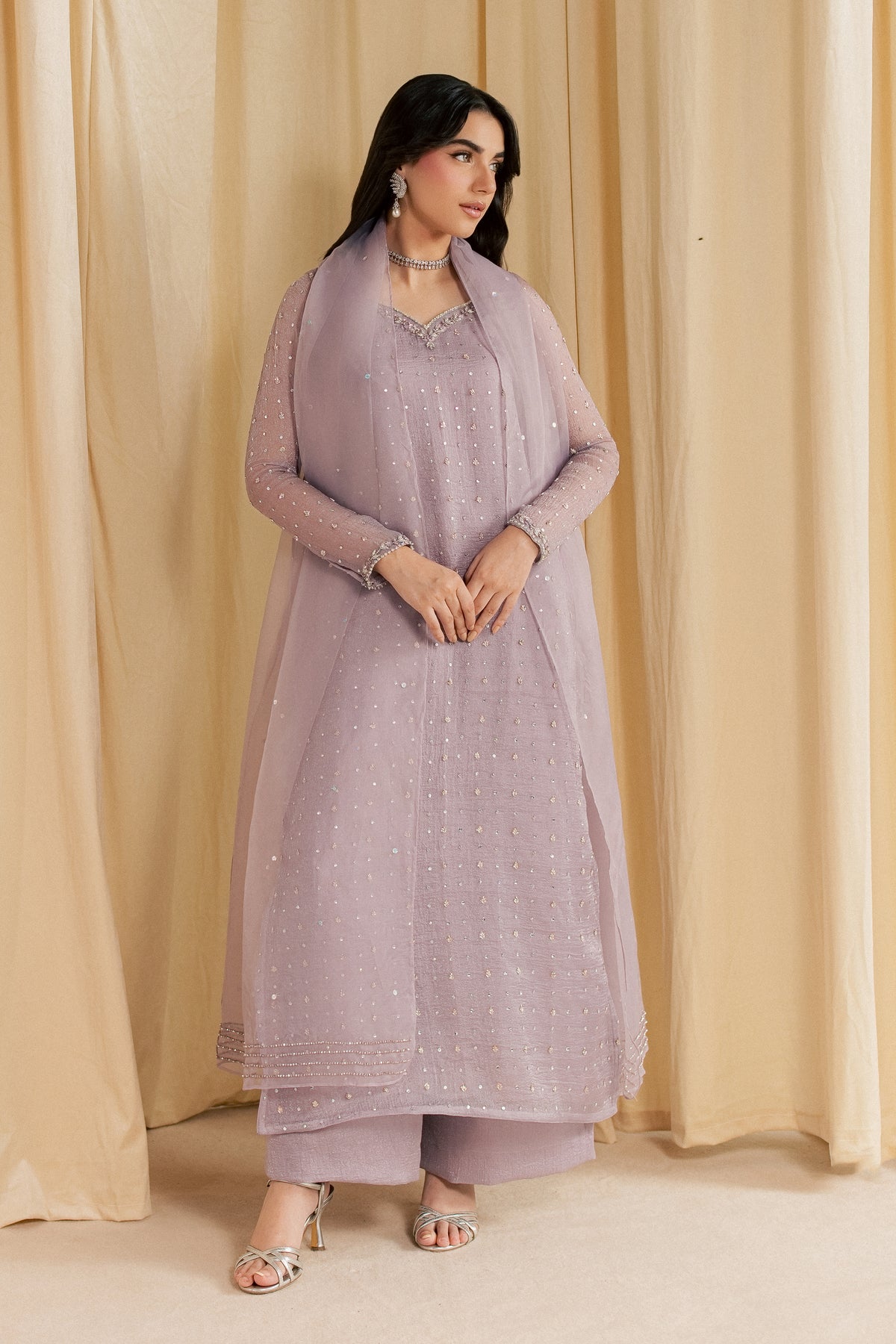 Zinnia Bloom 3Pc - Festive Luxe Pret STUDIOLUXEAUG26 BATIK S / Lilac / Shimmer Silk Organza