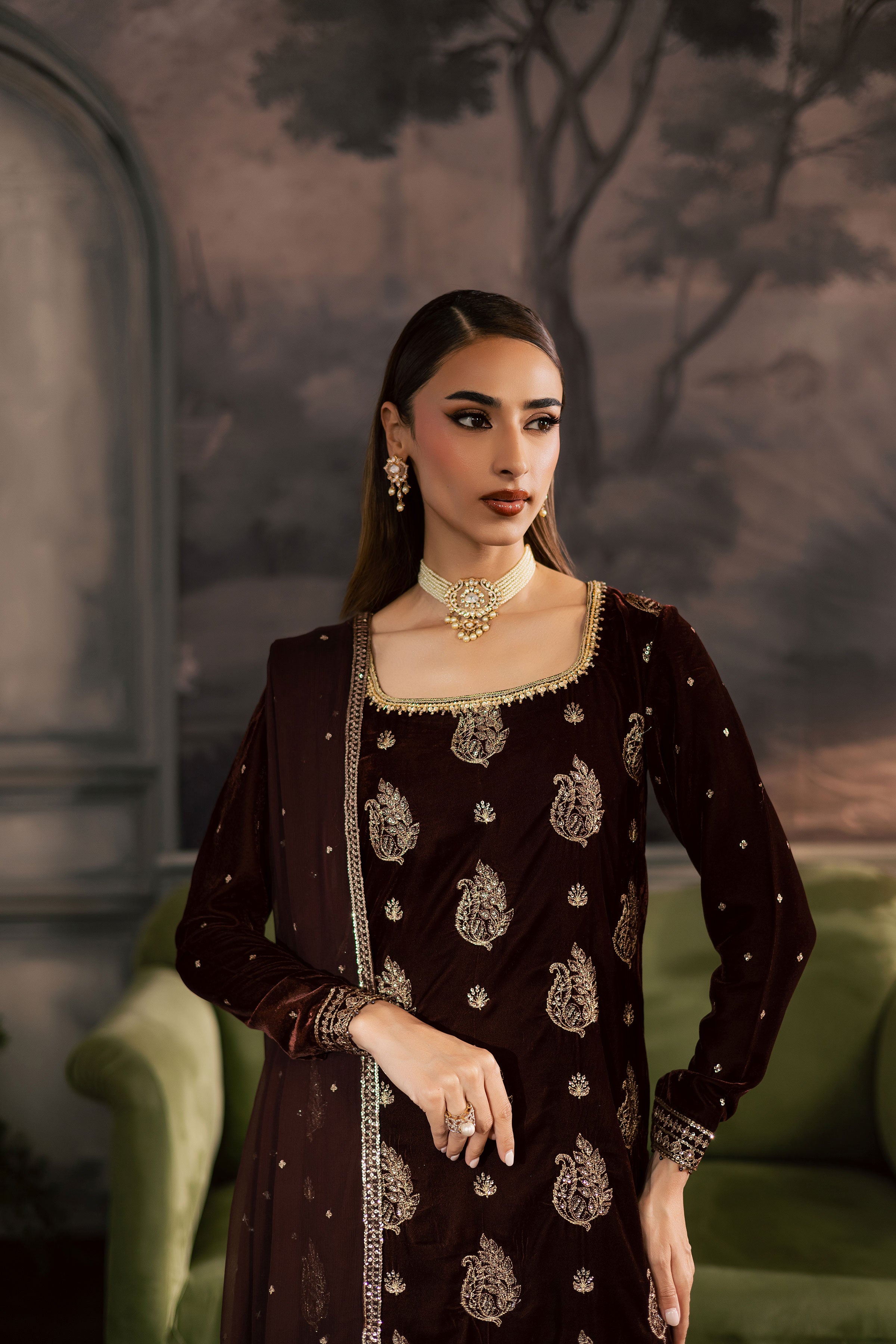 Zircon 3Pc - Velvet Luxe Pret BATIKLuxePRET2025 BATIK XS / Brown / Velvet-S / Brown / Velvet-M / Brown / Velvet-L / Brown / Velvet-XL / Brown / Velvet