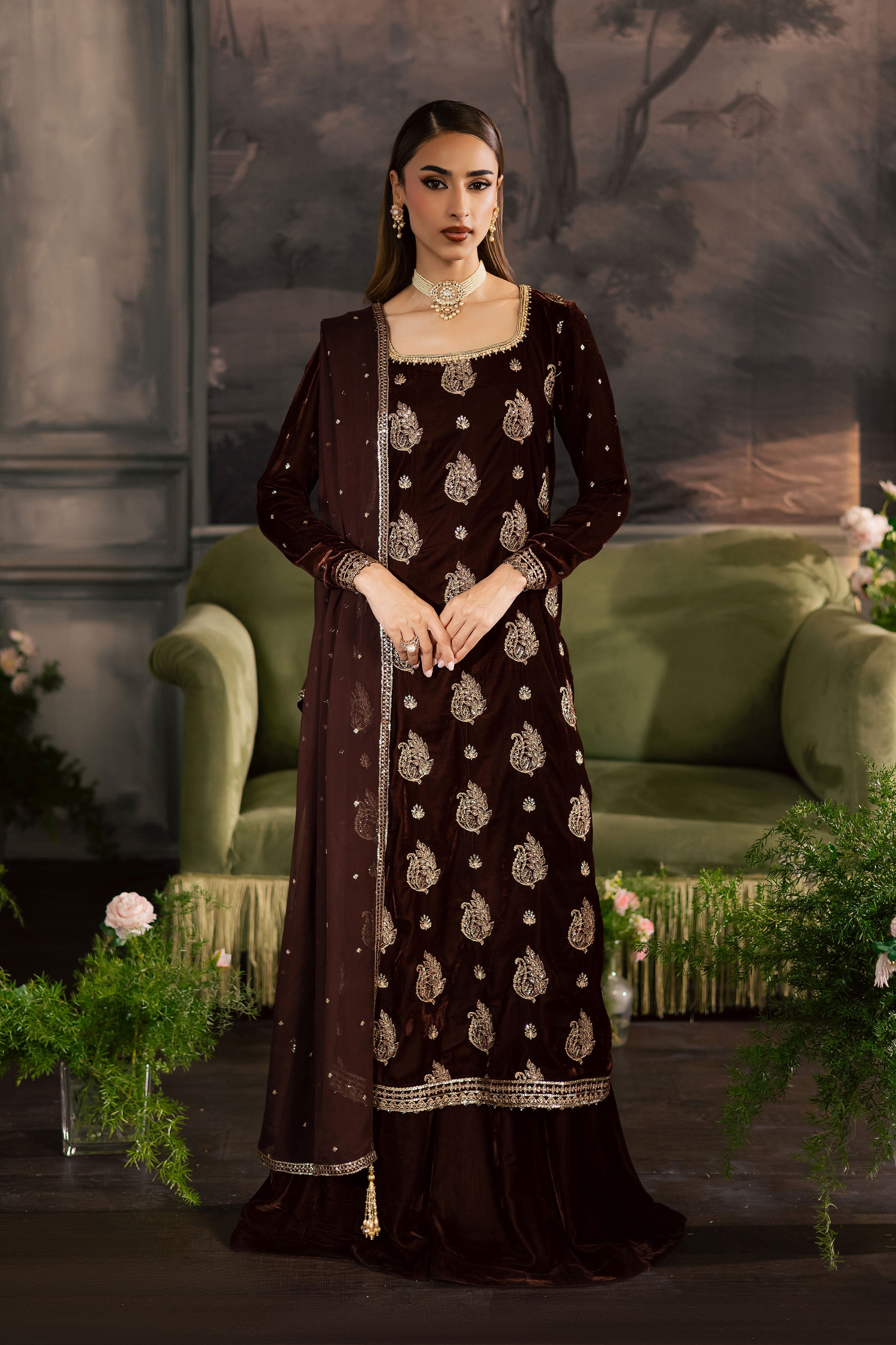 Zircon 3Pc - Velvet Luxe Pret BATIKLuxePRET2025 BATIK XS / Brown / Velvet-S / Brown / Velvet-M / Brown / Velvet-L / Brown / Velvet-XL / Brown / Velvet