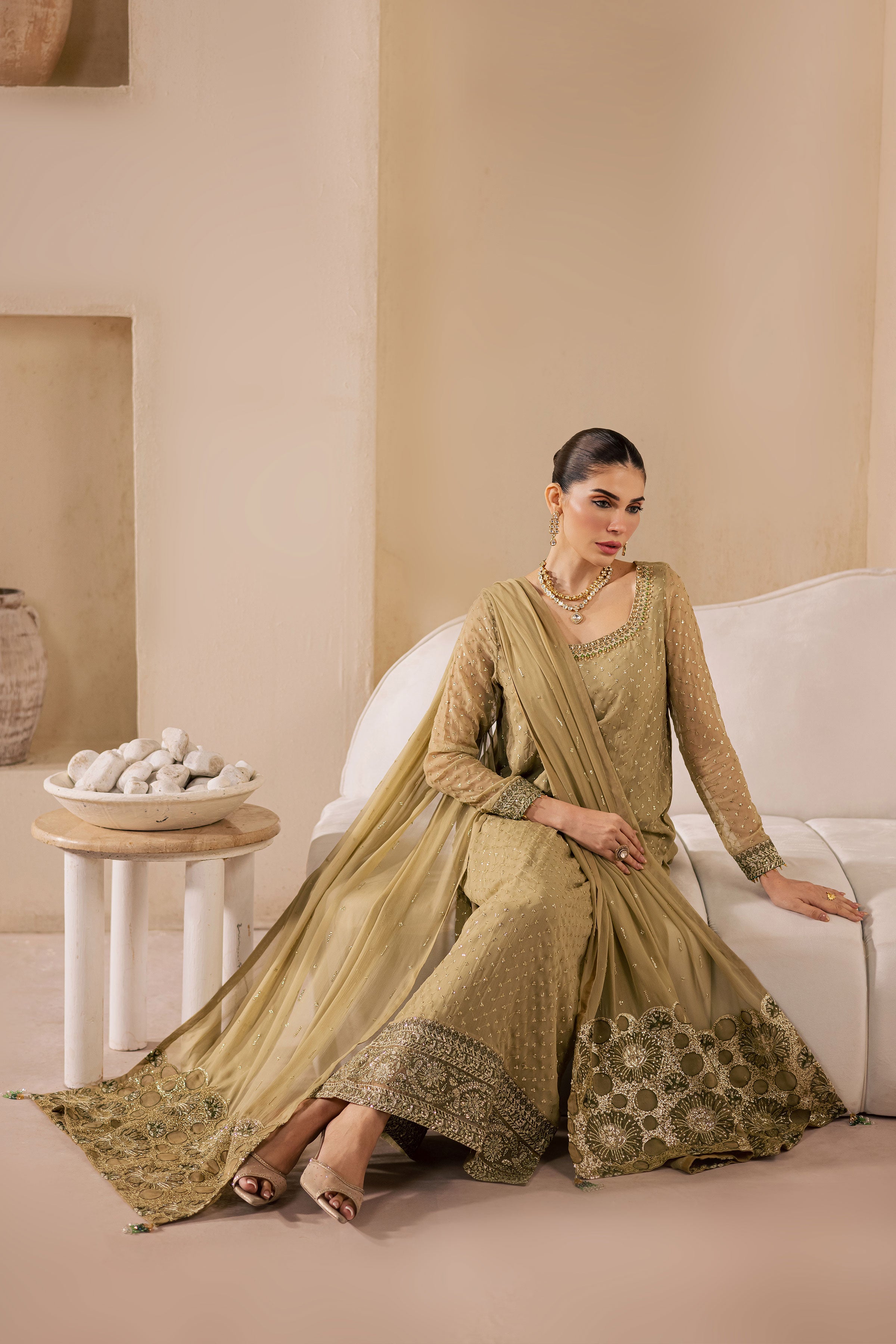 Zuleya 3Pc - Embroidered Luxe Pret BATIKLuxePRET2025 BATIK XS / Olive Green / Organza & Raw Silk-S / Olive Green / Organza & Raw Silk-M / Olive Green / Organza & Raw Silk-L / Olive Green / Organza & Raw Silk-XL / Olive Green / Organza & Raw Silk