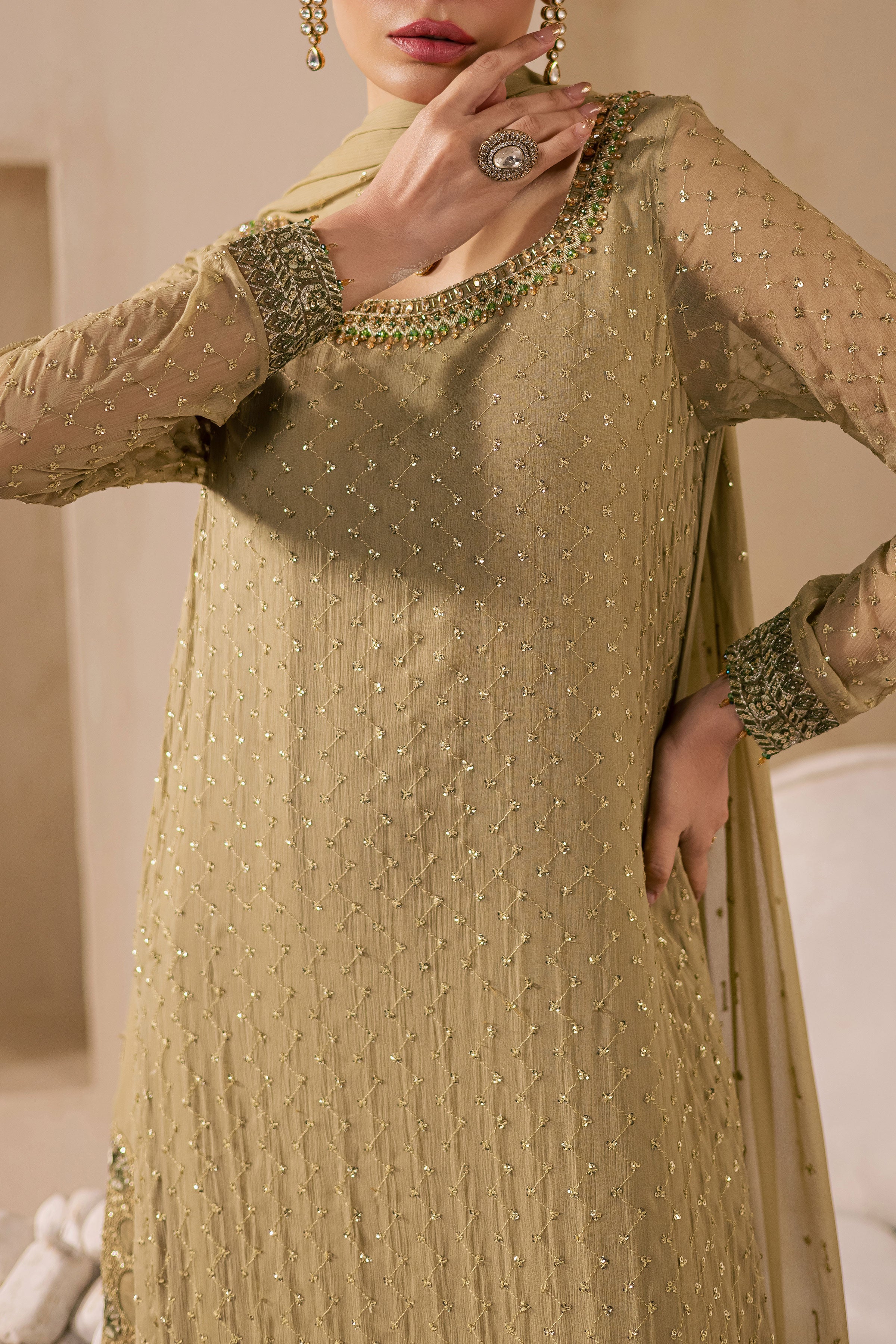 Zuleya 3Pc - Embroidered Luxe Pret BATIKLuxePRET2025 BATIK XS / Olive Green / Organza & Raw Silk-S / Olive Green / Organza & Raw Silk-M / Olive Green / Organza & Raw Silk-L / Olive Green / Organza & Raw Silk-XL / Olive Green / Organza & Raw Silk